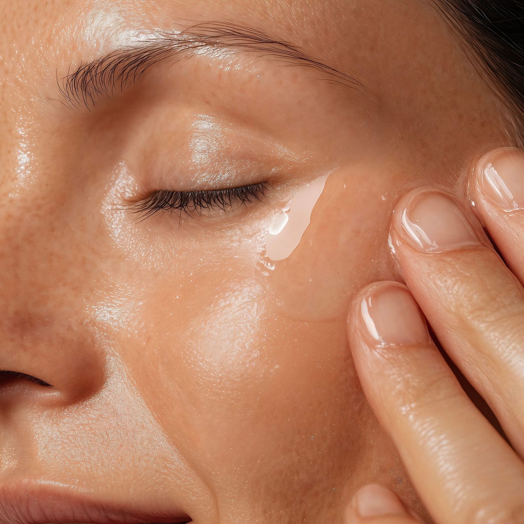 Nahaufnahme einer Frau, die Gel auf ihr Gesicht aufträgt. Hautpflege.