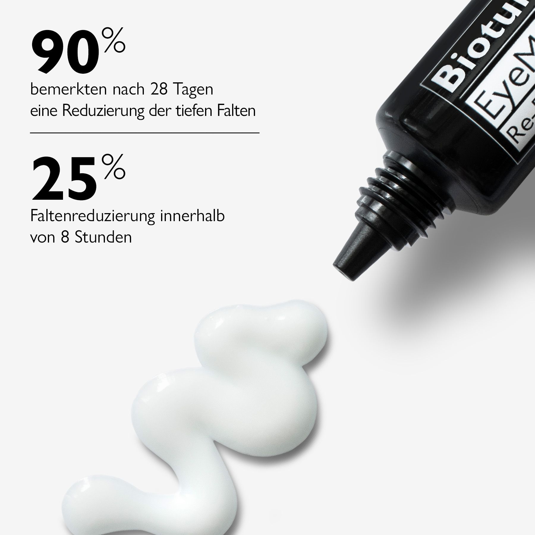 Creme wird aus Tube gedrückt. Text: 90% Faltenreduzierung, 25% Faltenreduzierung in 8 Stunden.