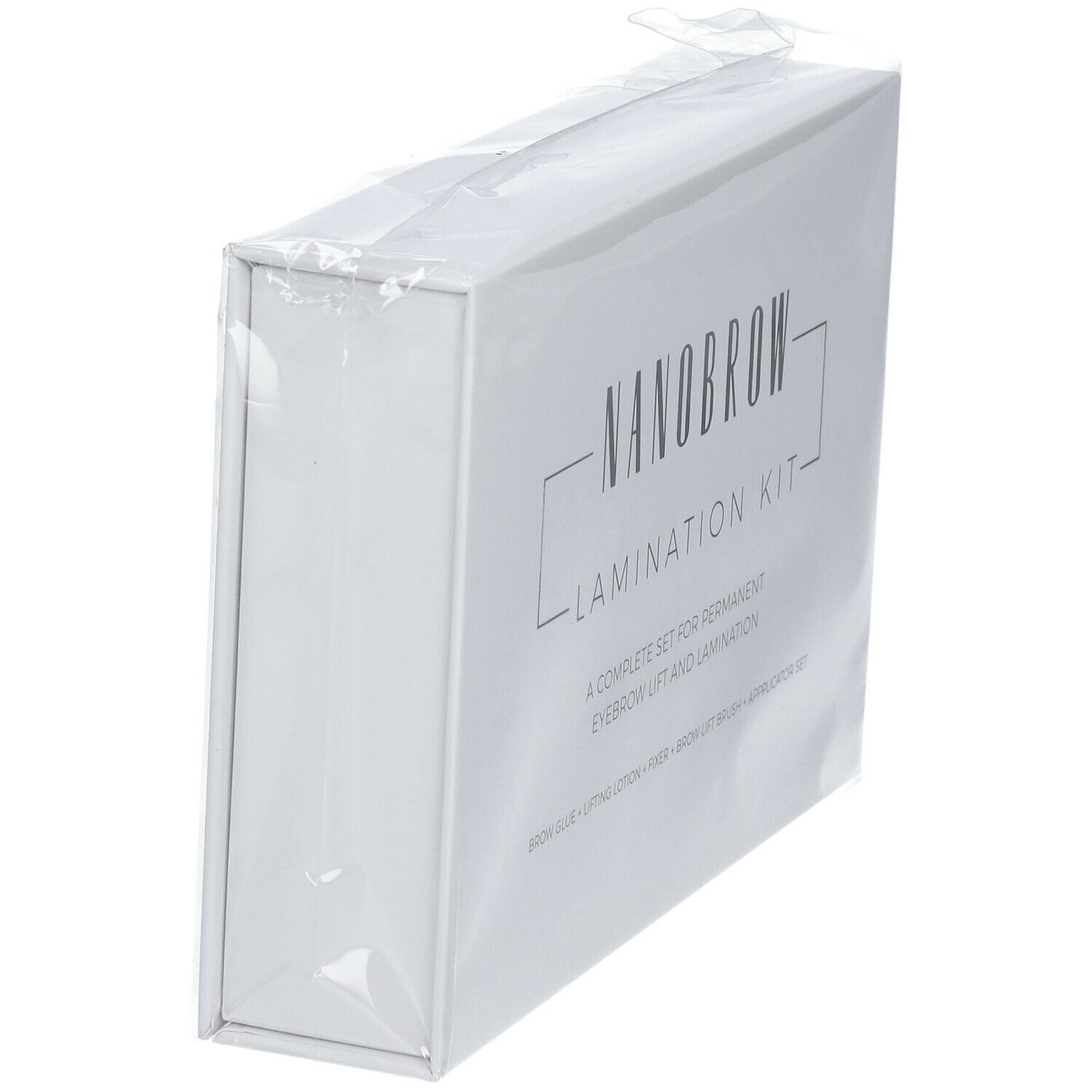 NANOBROW Lamination Kit. Weiße Box, in Folie verpackt. Aufschrift: „LAMINATION KIT“ und „A complete set for permanent eyebrow lift and lamination“.