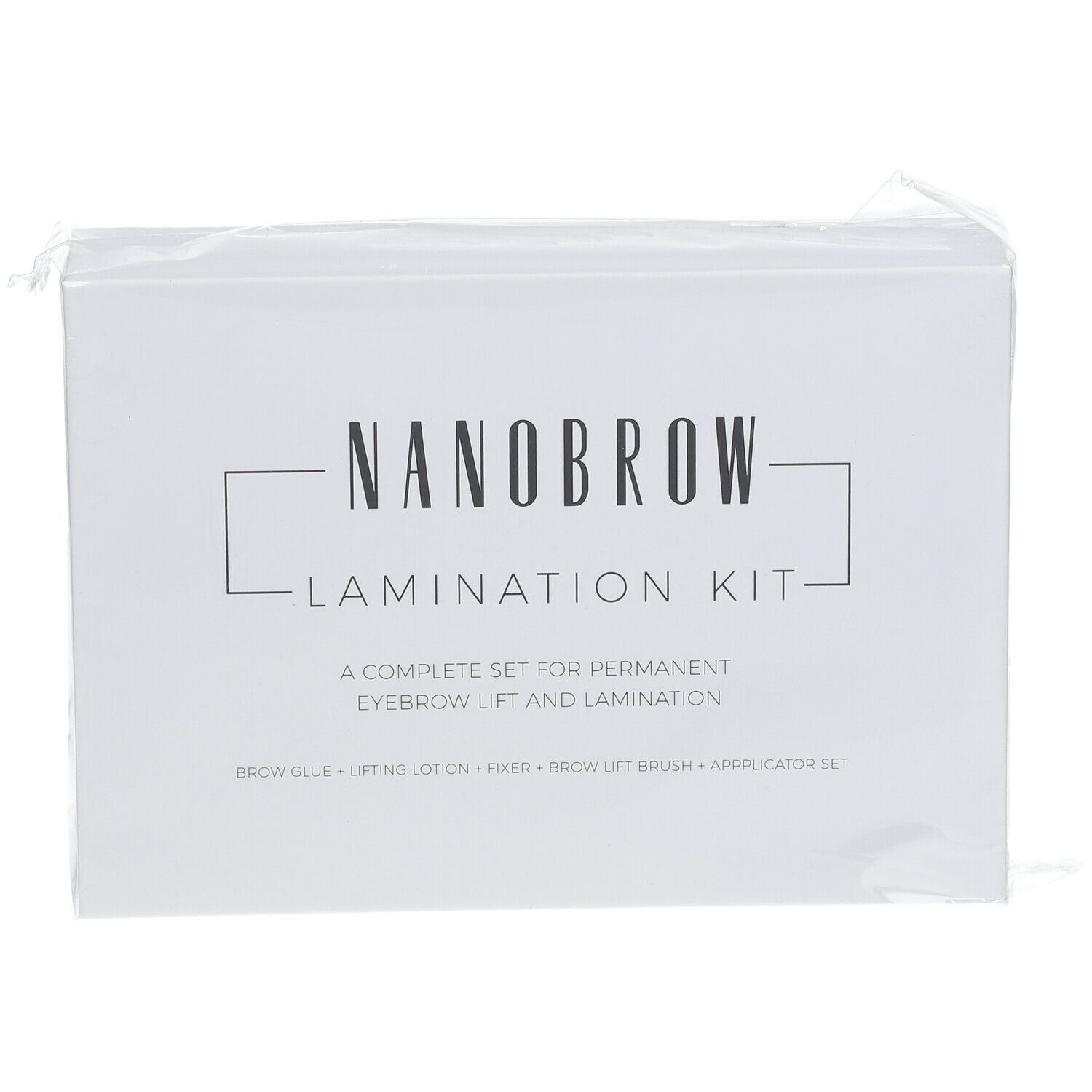 NANOBROW Lamination Kit. Weiße Box, eingeschweißt. Aufschrift: „NANOBROW LAMINATION KIT“ und „A complete set for permanent eyebrow lift and lamination“.