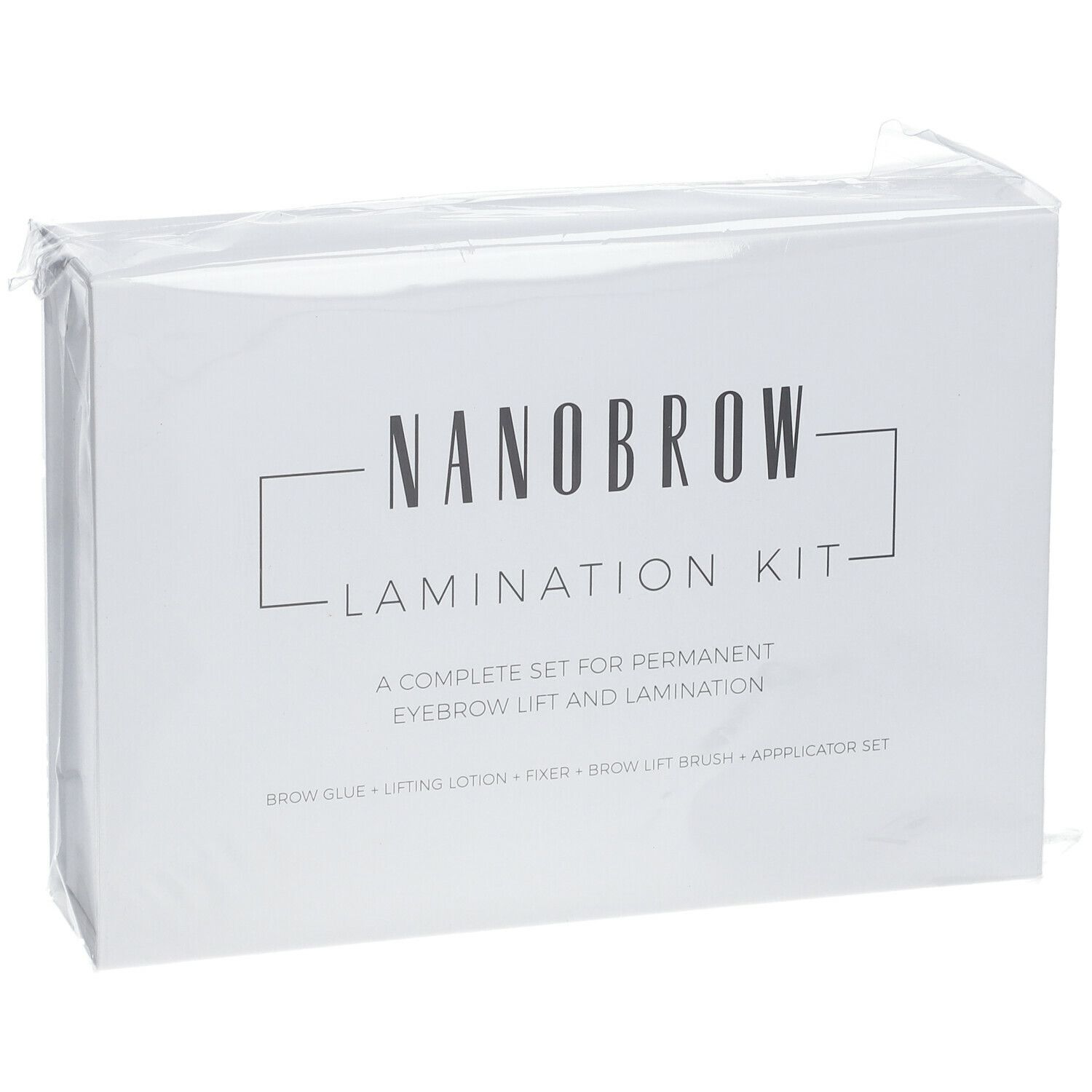 NANOBROW Lamination Kit. Weiße Box, eingeschweißt. Aufschrift: „NANOBROW LAMINATION KIT“ und „A complete set for permanent eyebrow lift and lamination“.