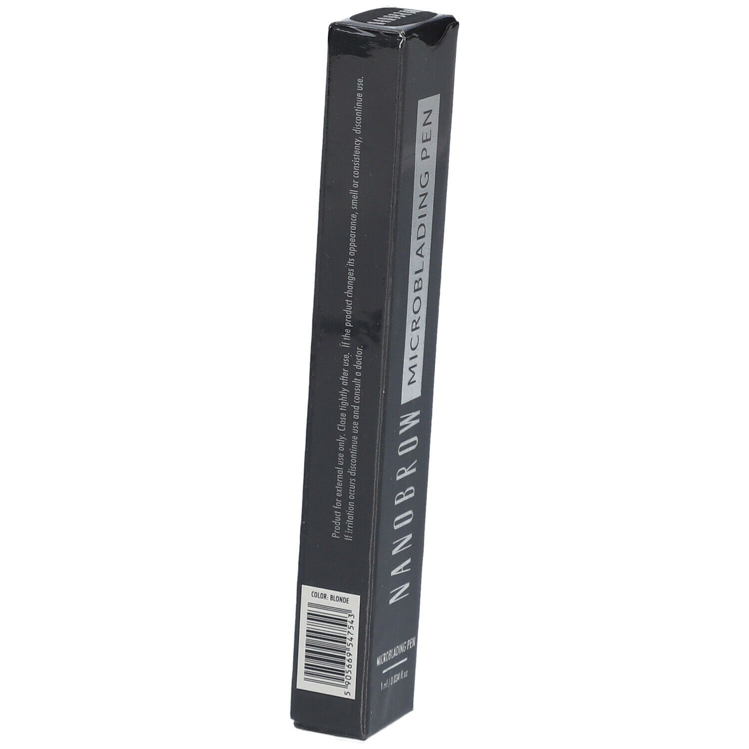 Schwarze Verpackung mit weißer Schrift. NANOBROW MICROBLADING PEN ist sichtbar. Barcode und Text auf der Seite.