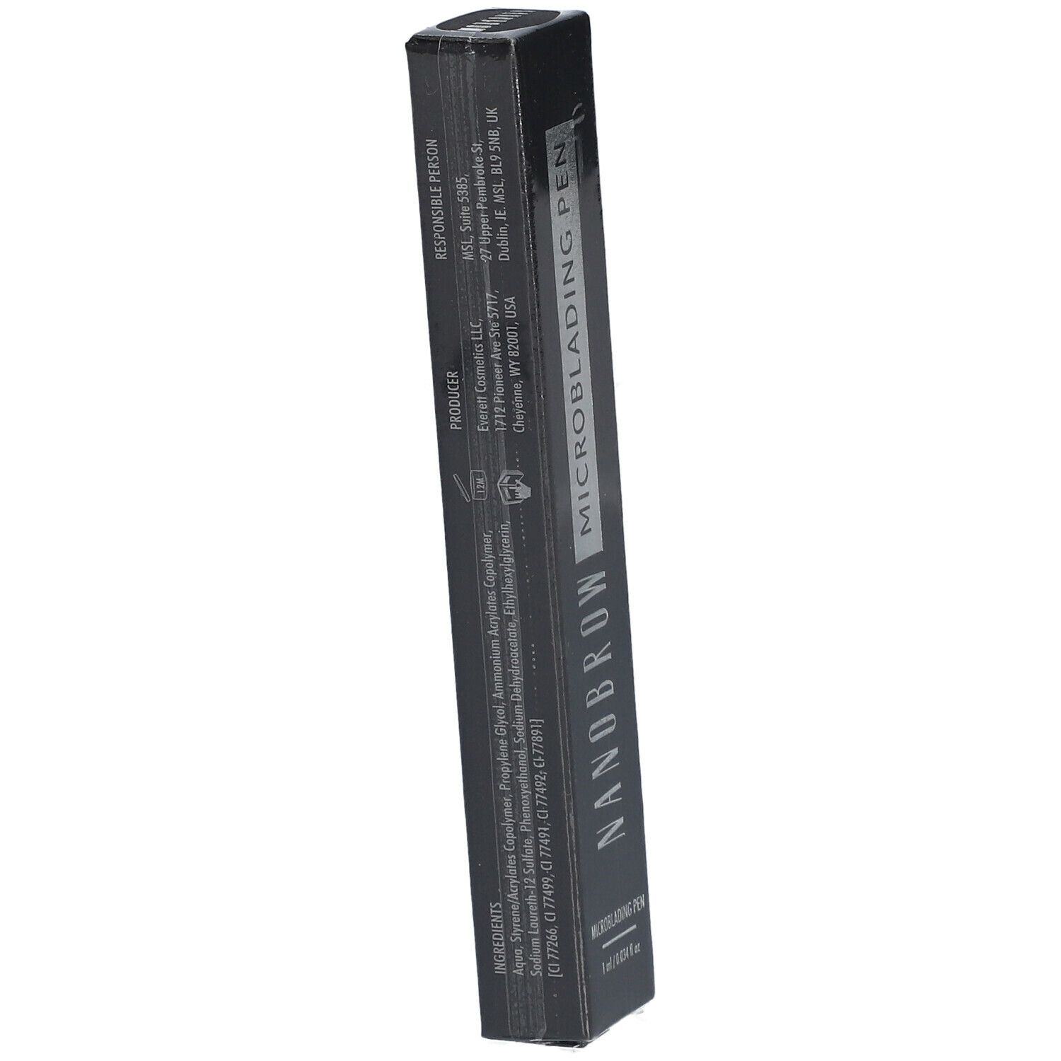 Schwarze Verpackung mit weißer Schrift. NANOBROW MICROBLADING PEN ist sichtbar. Zutatenliste und Herstellerinformationen.