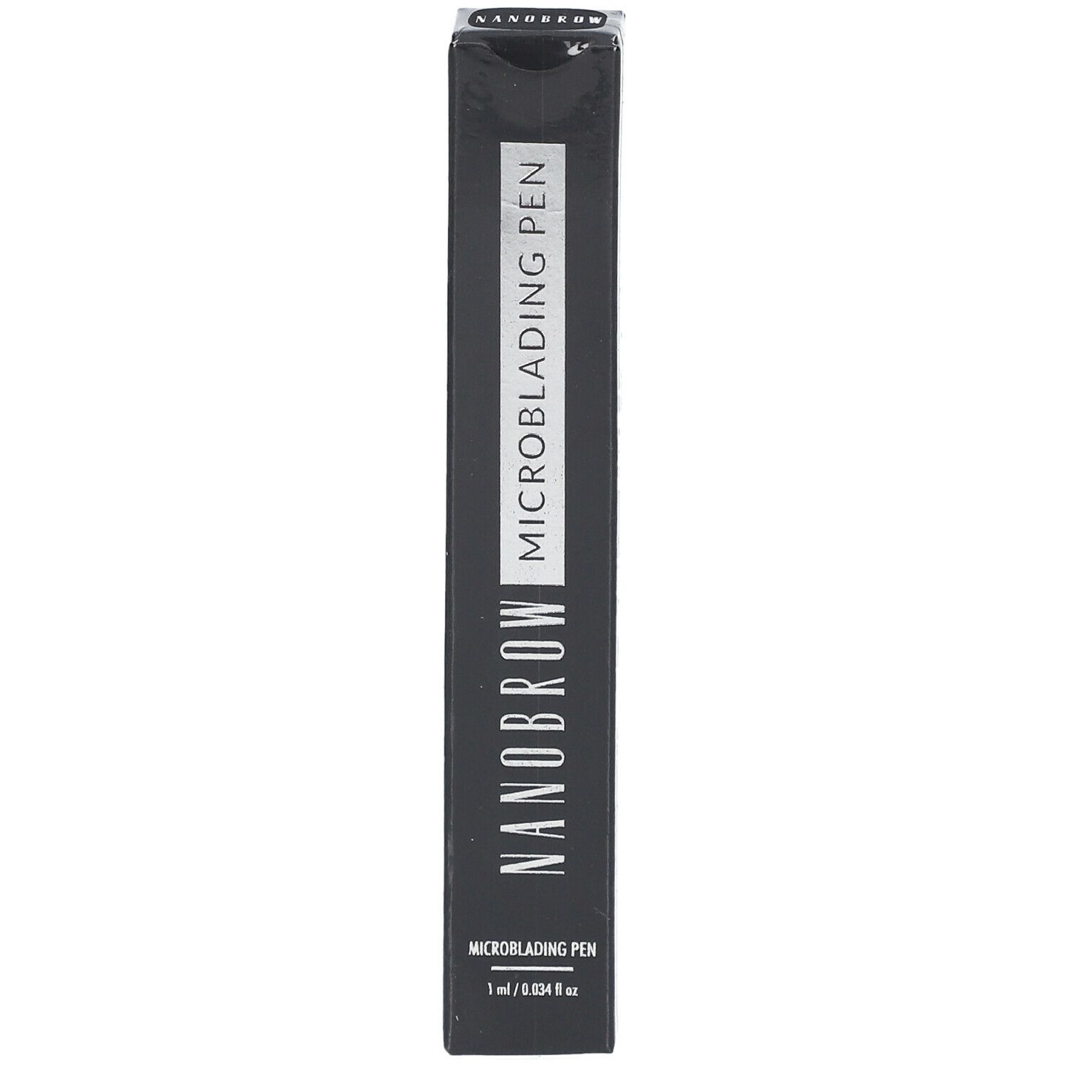 Schwarze Verpackung mit weißer Schrift. NANOBROW MICROBLADING PEN ist sichtbar. 1 ml / 0.034 fl oz.