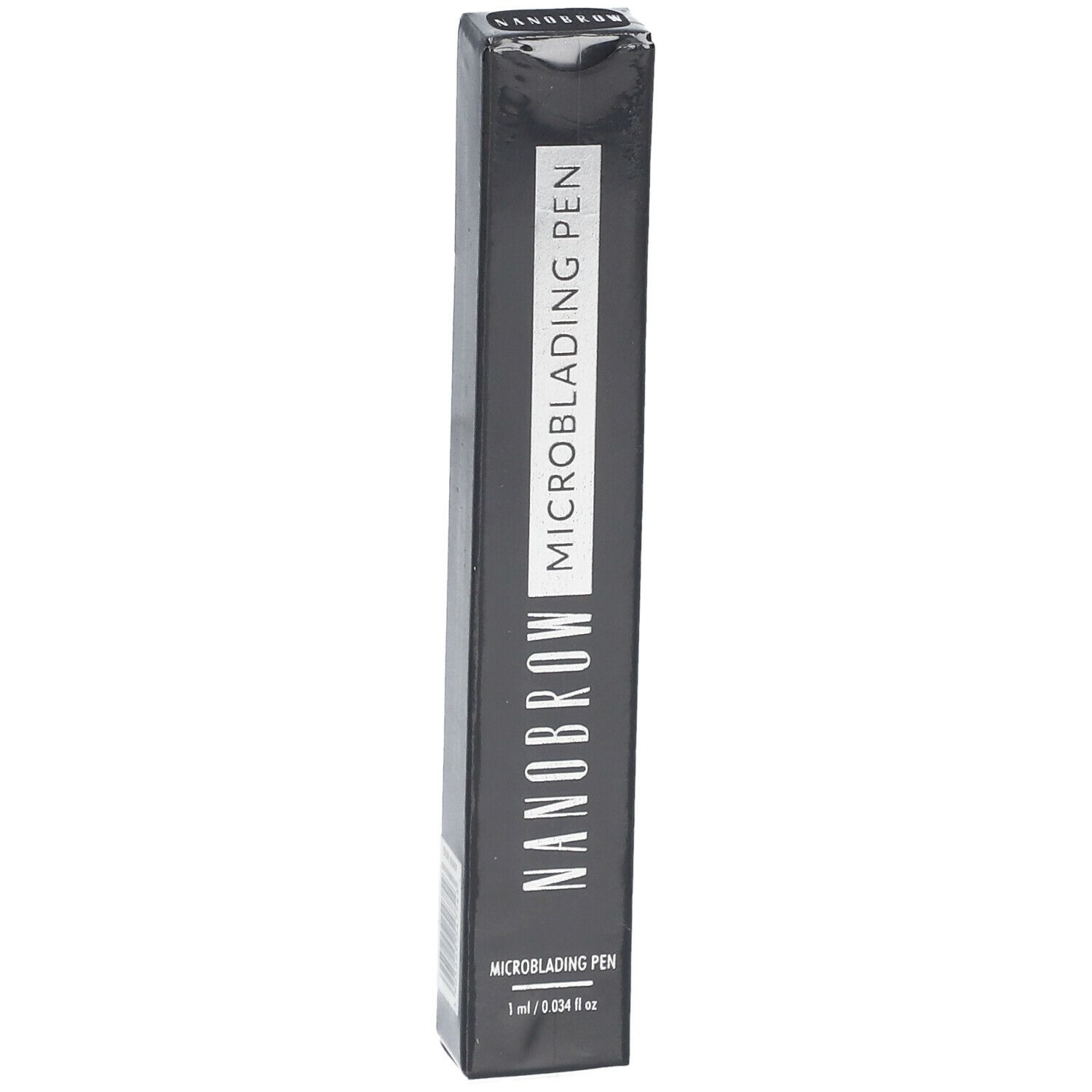 Schwarze Verpackung mit weißer Schrift. NANOBROW MICROBLADING PEN ist sichtbar. 1 ml / 0.034 fl oz.