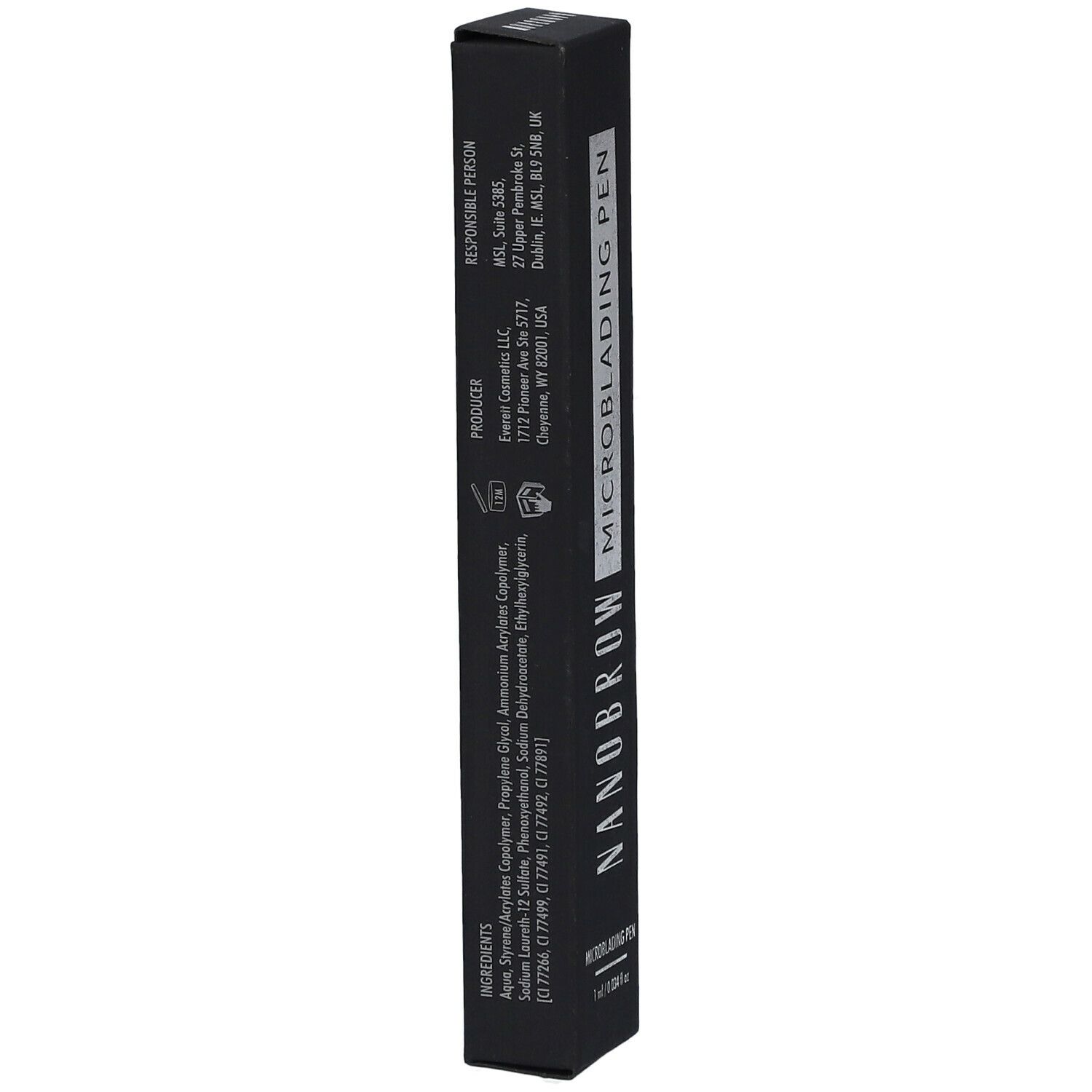 Schwarze Verpackung mit silberner Schrift. NANOBROW MICROBLADING PEN ist auf der Verpackung zu sehen. Zutatenliste.