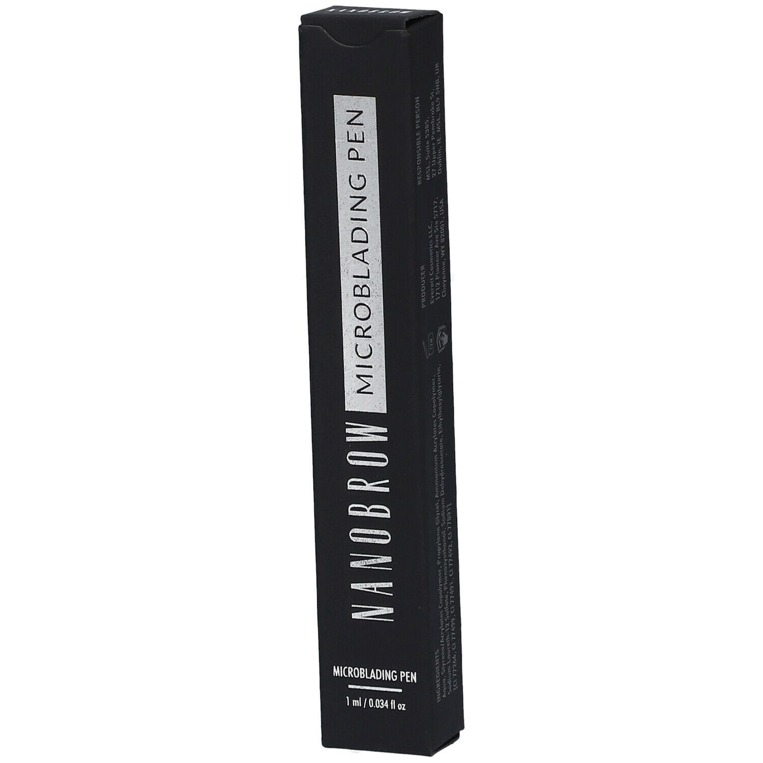 Schwarze Verpackung mit silberner Schrift. NANOBROW MICROBLADING PEN ist auf der Verpackung zu sehen. 1 ml / 0.034 fl oz.