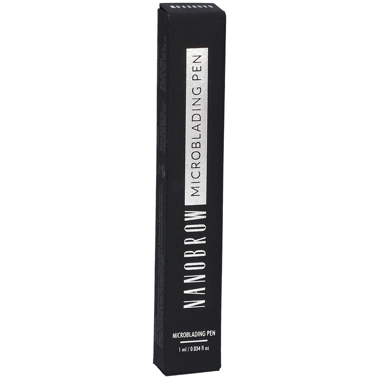 Schwarze Verpackung mit silberner Schrift. NANOBROW MICROBLADING PEN ist auf der Verpackung zu sehen. 1 ml / 0.034 fl oz.