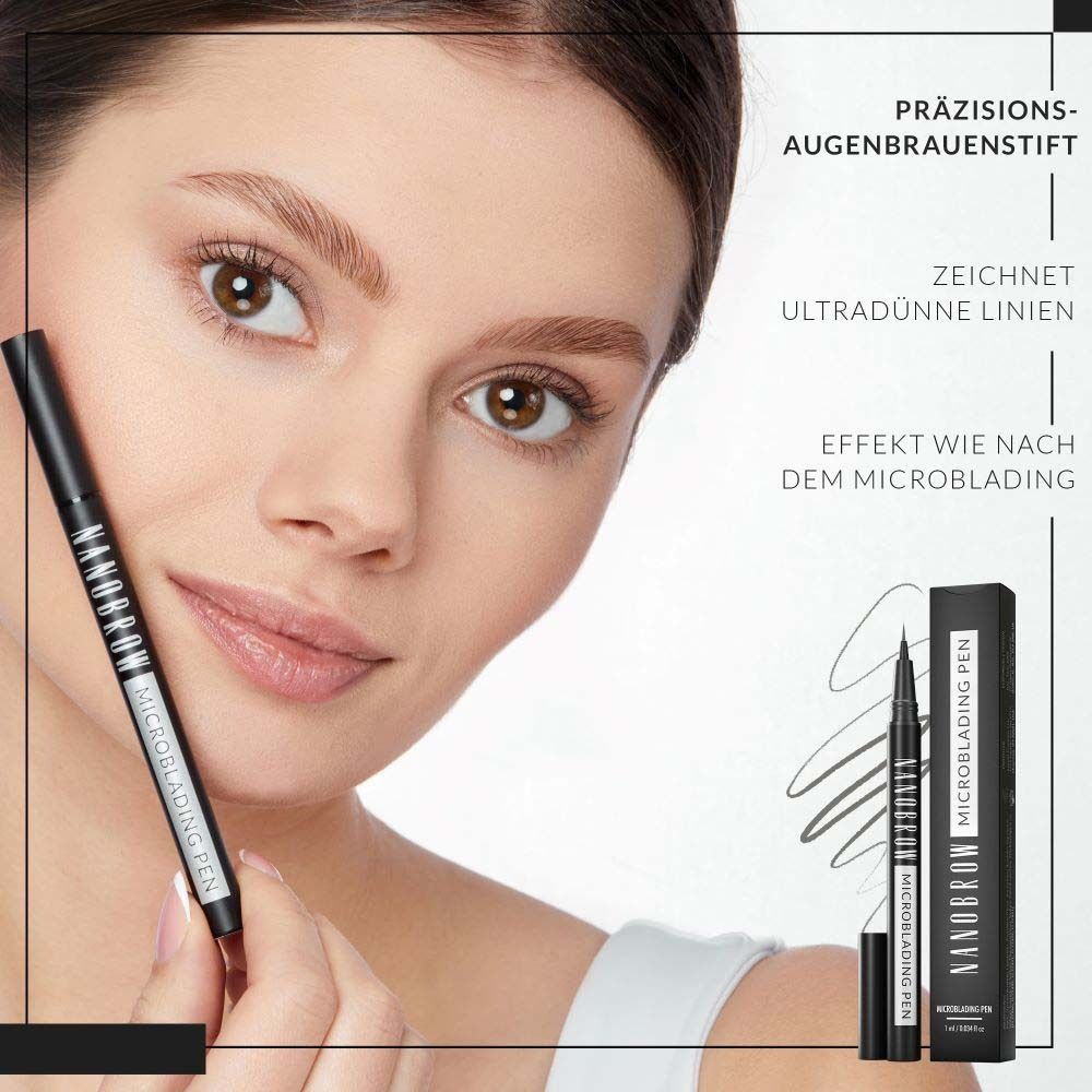 Frau hält einen schwarzen Stift. Aufschrift: NANOBROW MICROBLADING PEN. Verpackung im Hintergrund.