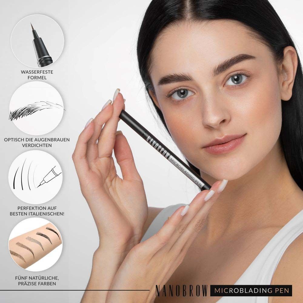 Frau hält einen schwarzen Stift. Aufschrift: NANOBROW MICROBLADING PEN. Grafiken im Hintergrund.