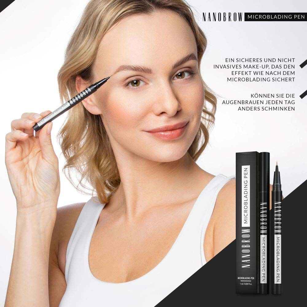 Frau hält einen schwarzen Stift. Aufschrift: NANOBROW MICROBLADING PEN. Verpackung im Hintergrund.
