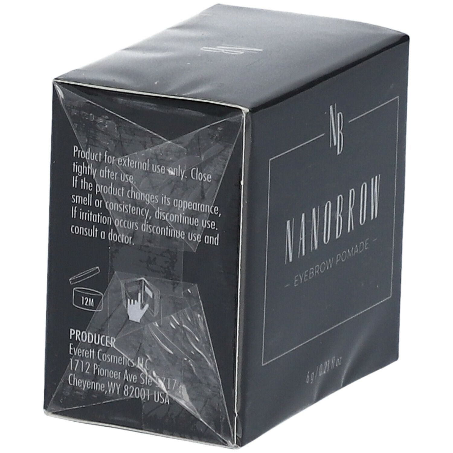 Schwarze Schachtel mit Text. NANOBROW Eyebrow Pomade. Herstelleradresse. Warnhinweise. Eckige Form.