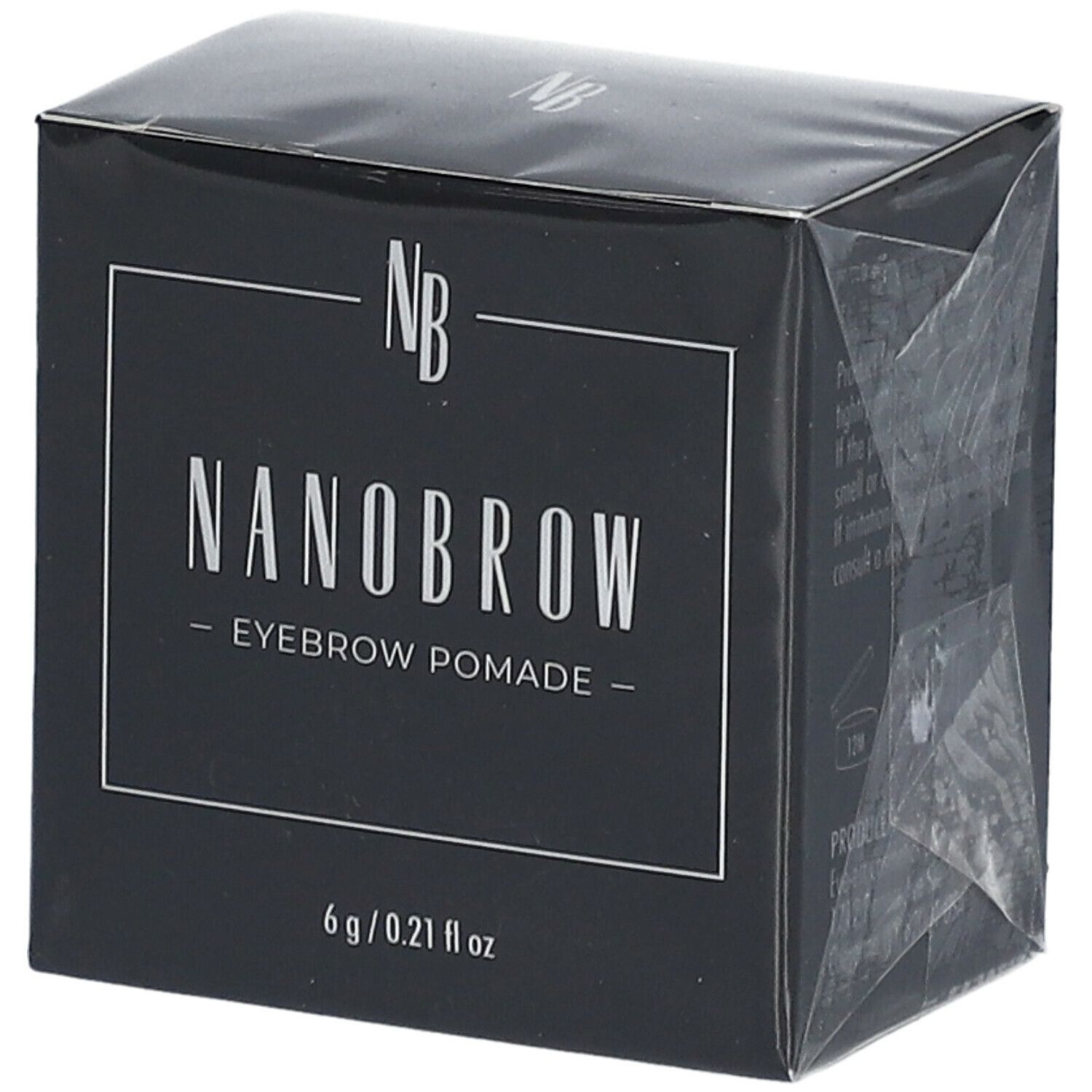 Schwarze Schachtel mit weißem Text. NANOBROW Eyebrow Pomade. 6 g / 0.21 fl oz. Eckige Form.