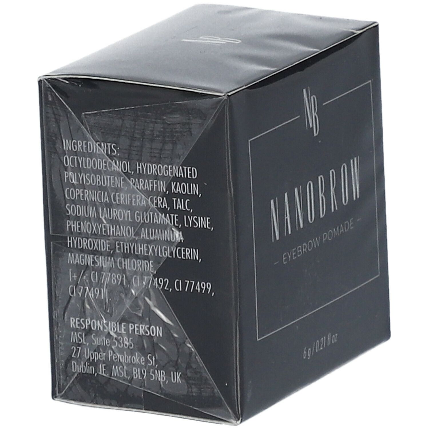Schwarze Schachtel mit Inhaltsstoffen und Text. NANOBROW Eyebrow Pomade. Eckige Form. Herstelleradresse.