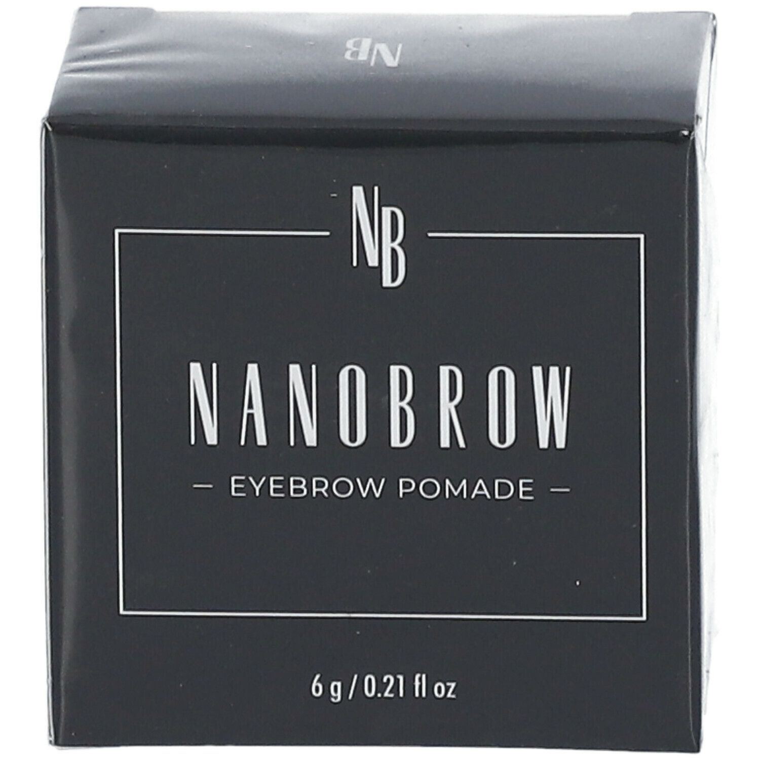 Schwarze Schachtel mit weißem Text. NANOBROW Eyebrow Pomade. 6 g / 0.21 fl oz. Eckige Form.