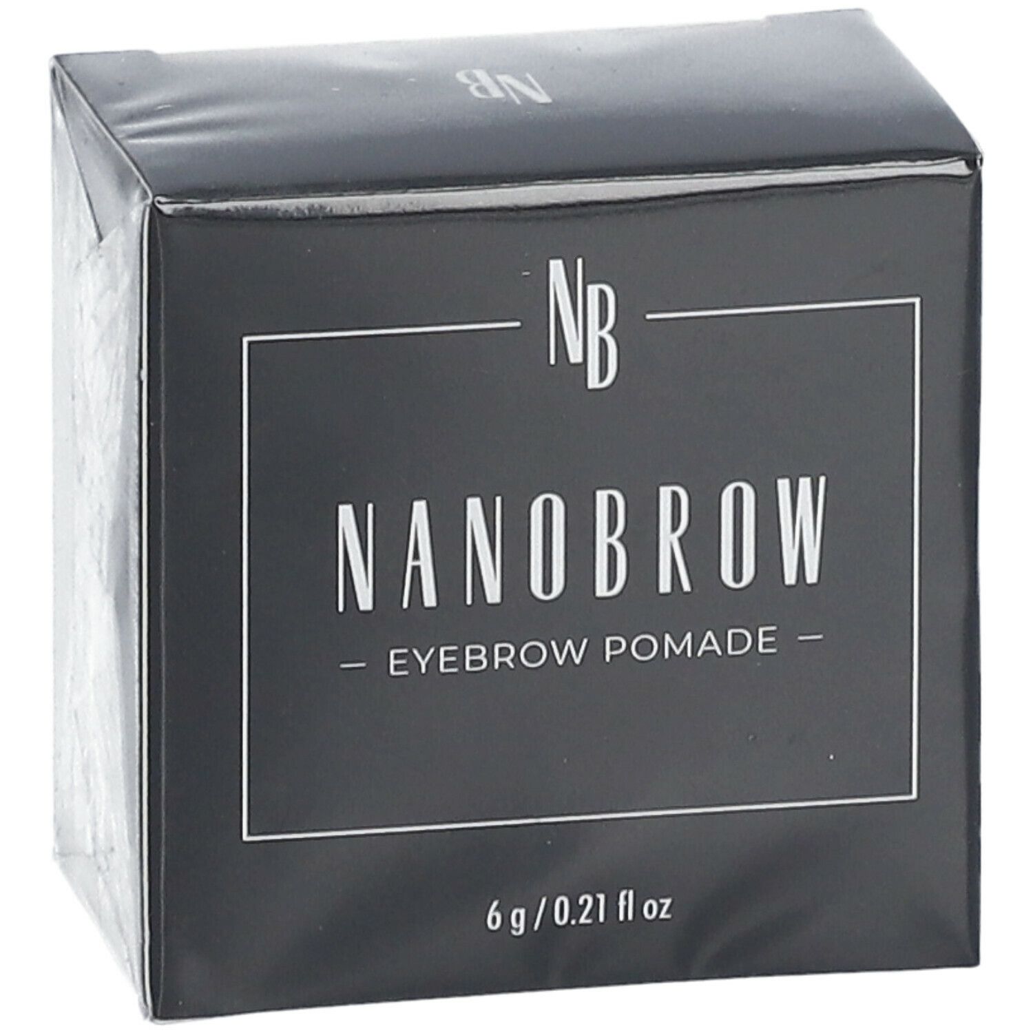 Schwarze Schachtel mit weißem Text. NANOBROW Eyebrow Pomade. 6 g / 0.21 fl oz. Eckige Form.