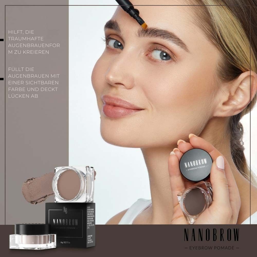 Frau hält NANOBROW Eyebrow Pomade Medium Brown. Produkt und Verpackung sichtbar. Text: NANOBROW Eyebrow Pomade.