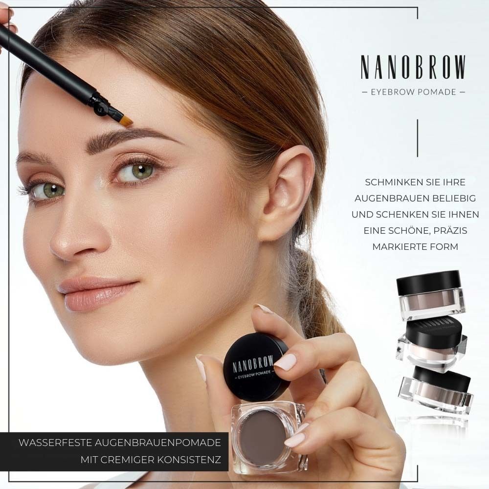 Frau mit NANOBROW Eyebrow Pomade. Produkt und Verpackung sichtbar. Text: NANOBROW Eyebrow Pomade. Wasserfeste Augenbrauenpomade.