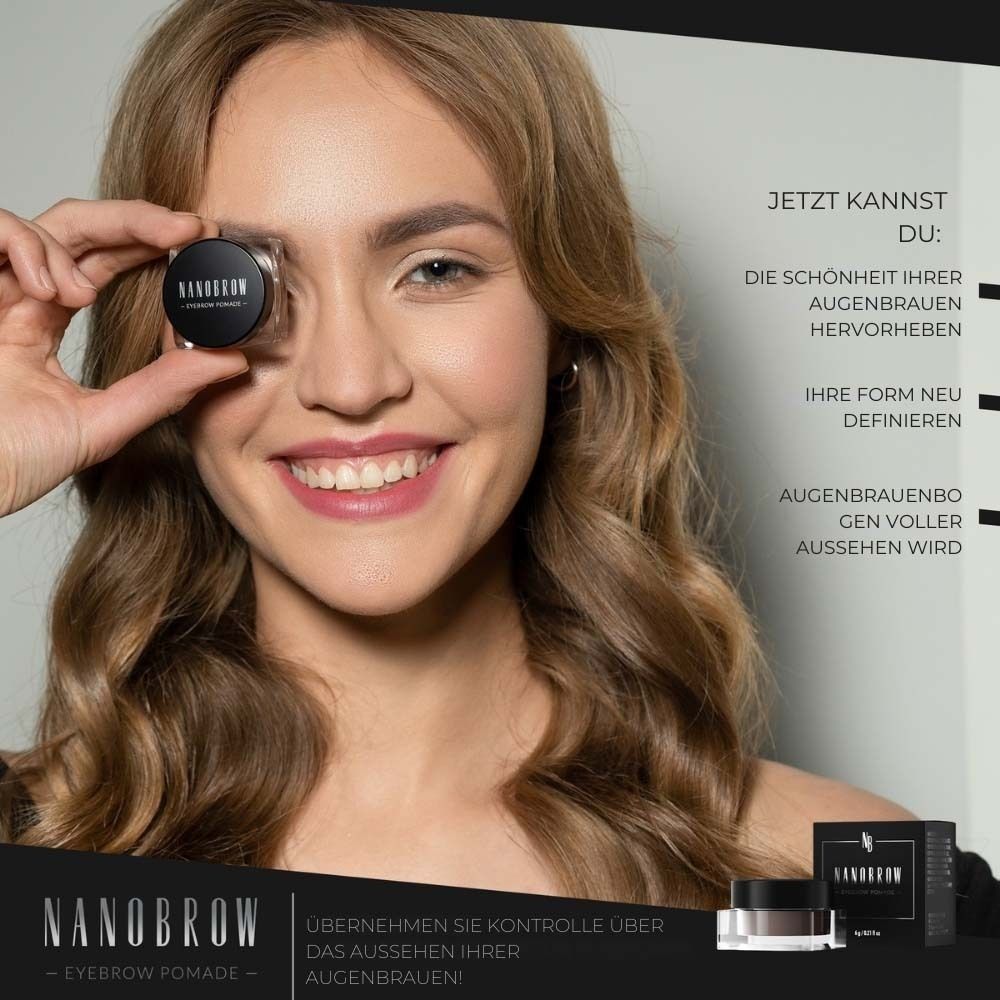 Frau hält NANOBROW Eyebrow Pomade. Produkt und Verpackung sichtbar. Text: NANOBROW Eyebrow Pomade. Augenbrauenbogen.