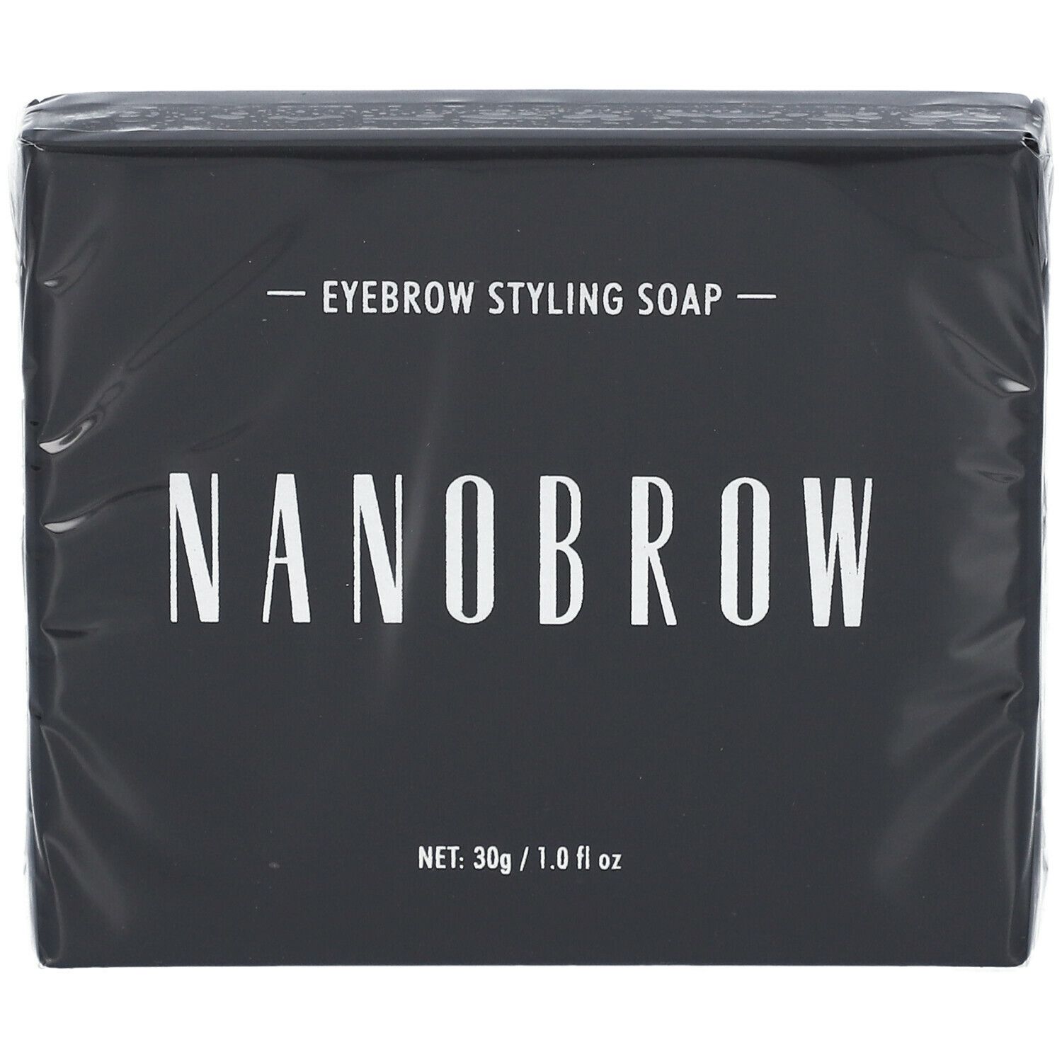 Schwarze Verpackung mit weißem Schriftzug NANOBROW und Produktbezeichnung. Nettogewicht: 30g / 1.0 fl oz.
