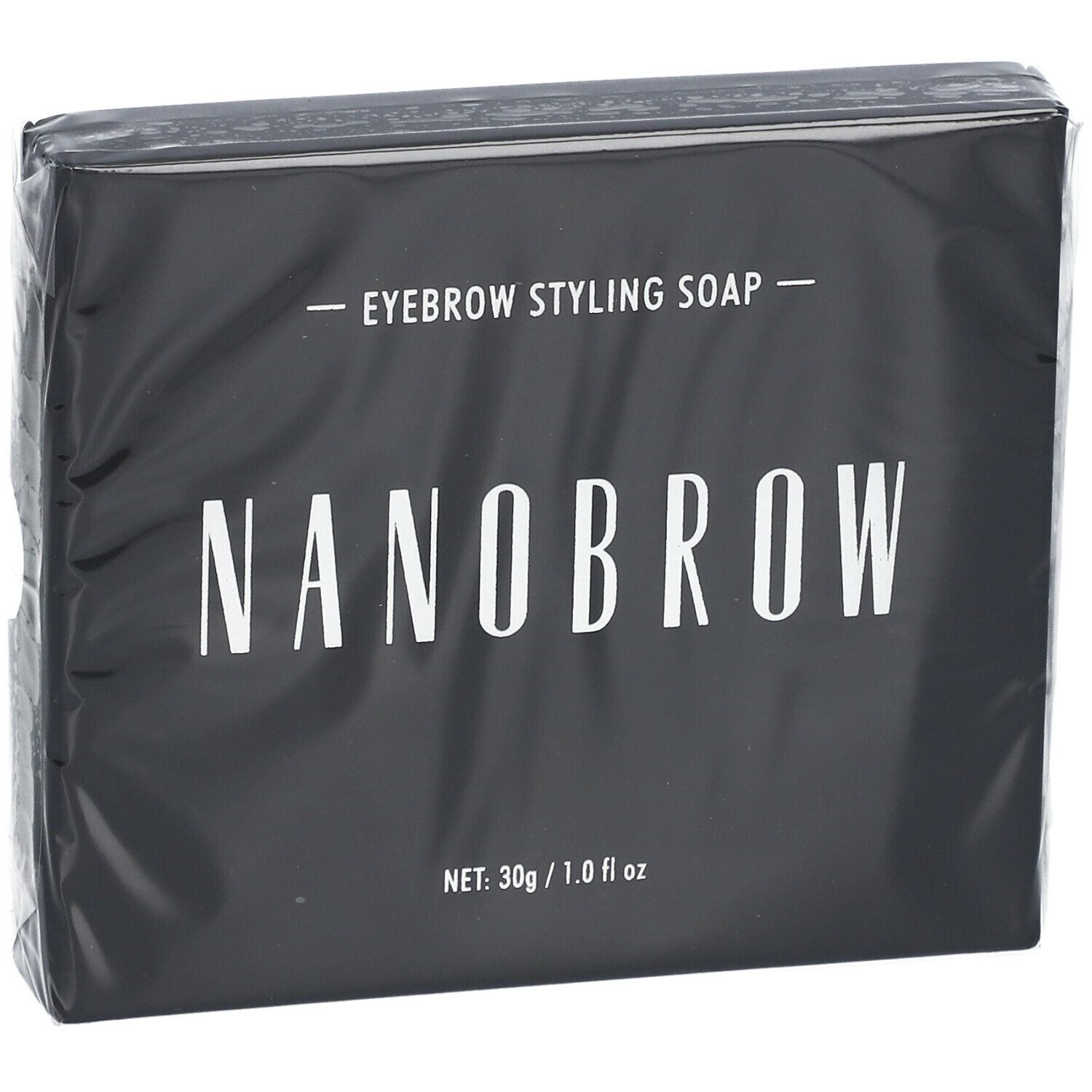 Schwarze Verpackung mit weißem Schriftzug NANOBROW und Produktbezeichnung. Nettogewicht: 30g / 1.0 fl oz.