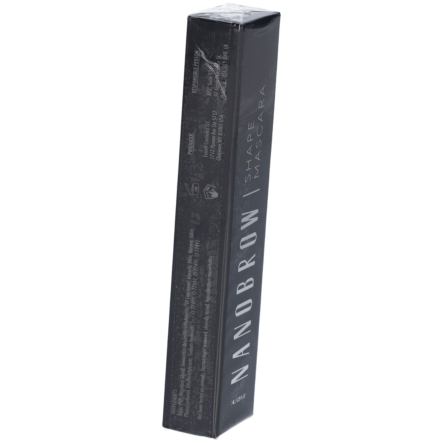 Schwarze Verpackung mit weißer Schrift. NANOBROW | SHAPE MASCARA. 7 ml / 0.23 fl oz. Produktverpackung.