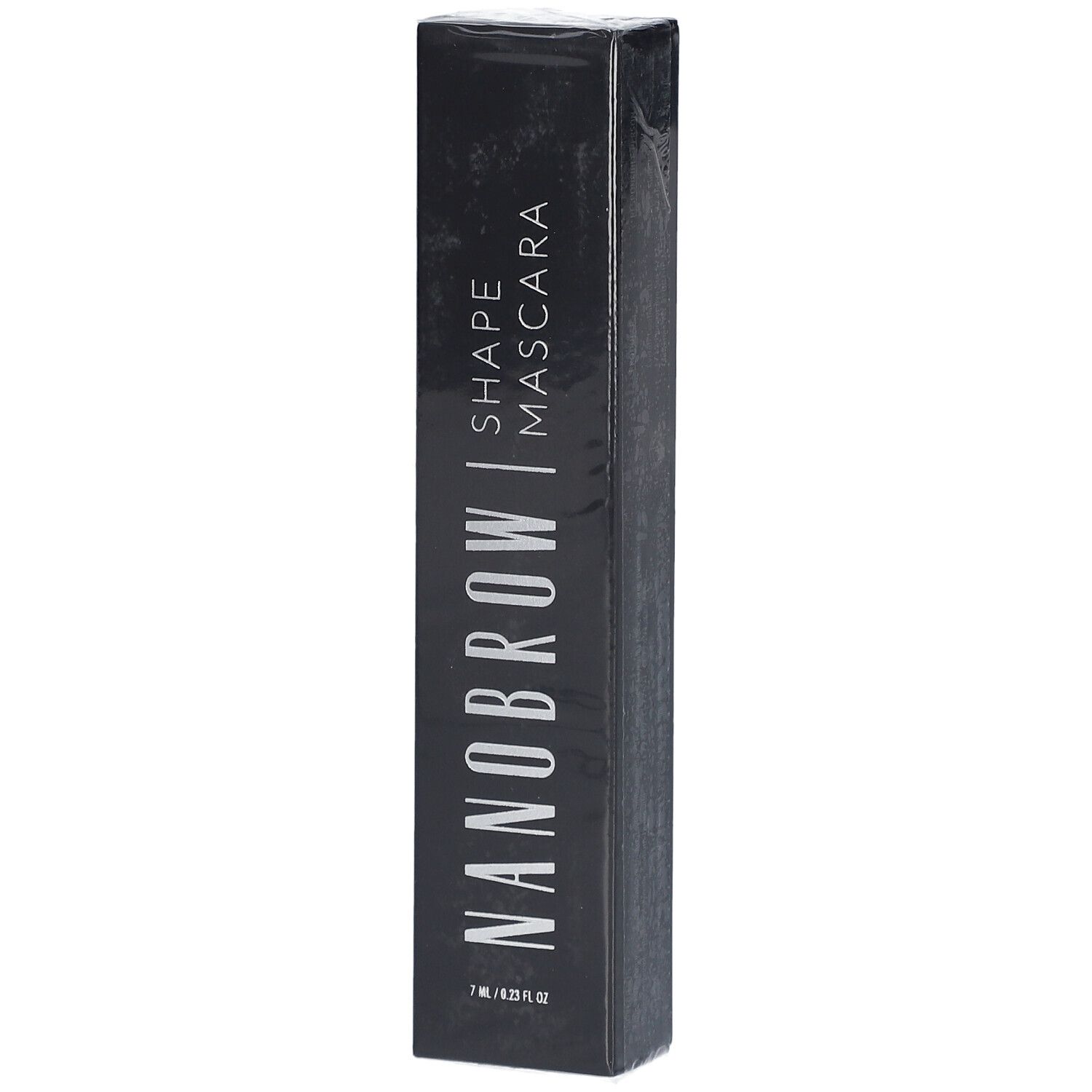 Schwarze Verpackung mit weißer Schrift. NANOBROW | SHAPE MASCARA. 7 ml / 0.23 fl oz. Produktverpackung.