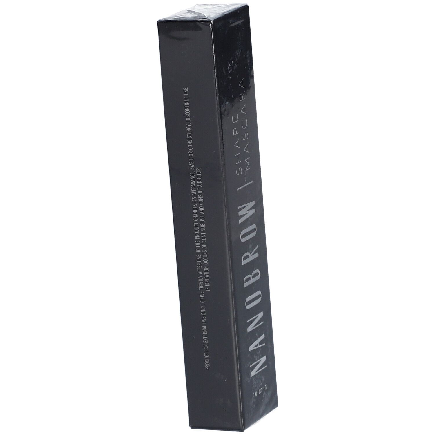 Schwarze Verpackung mit weißer Schrift. NANOBROW | SHAPE MASCARA. 7 ml / 0.23 fl oz. Produktverpackung.