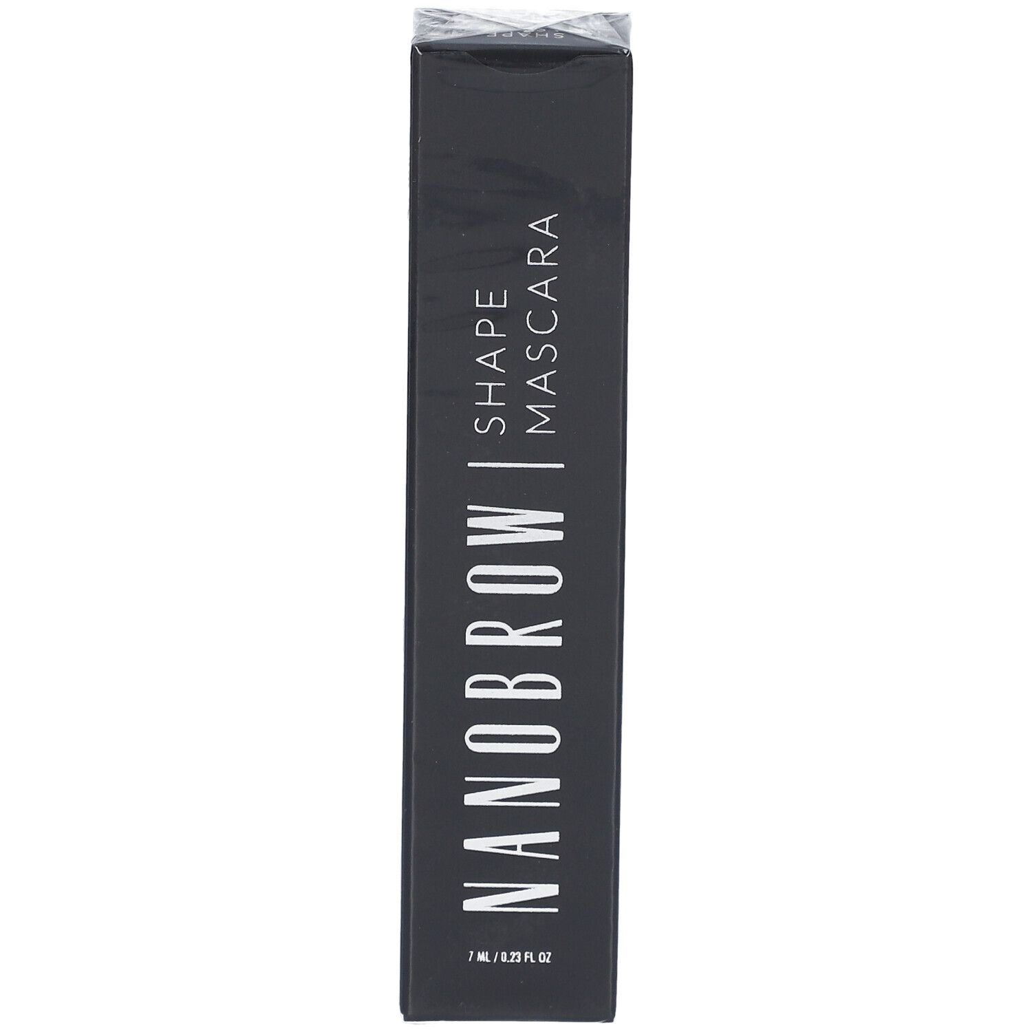 Schwarze Verpackung mit weißer Schrift. NANOBROW | SHAPE MASCARA. 7 ml / 0.23 fl oz. Produktverpackung.