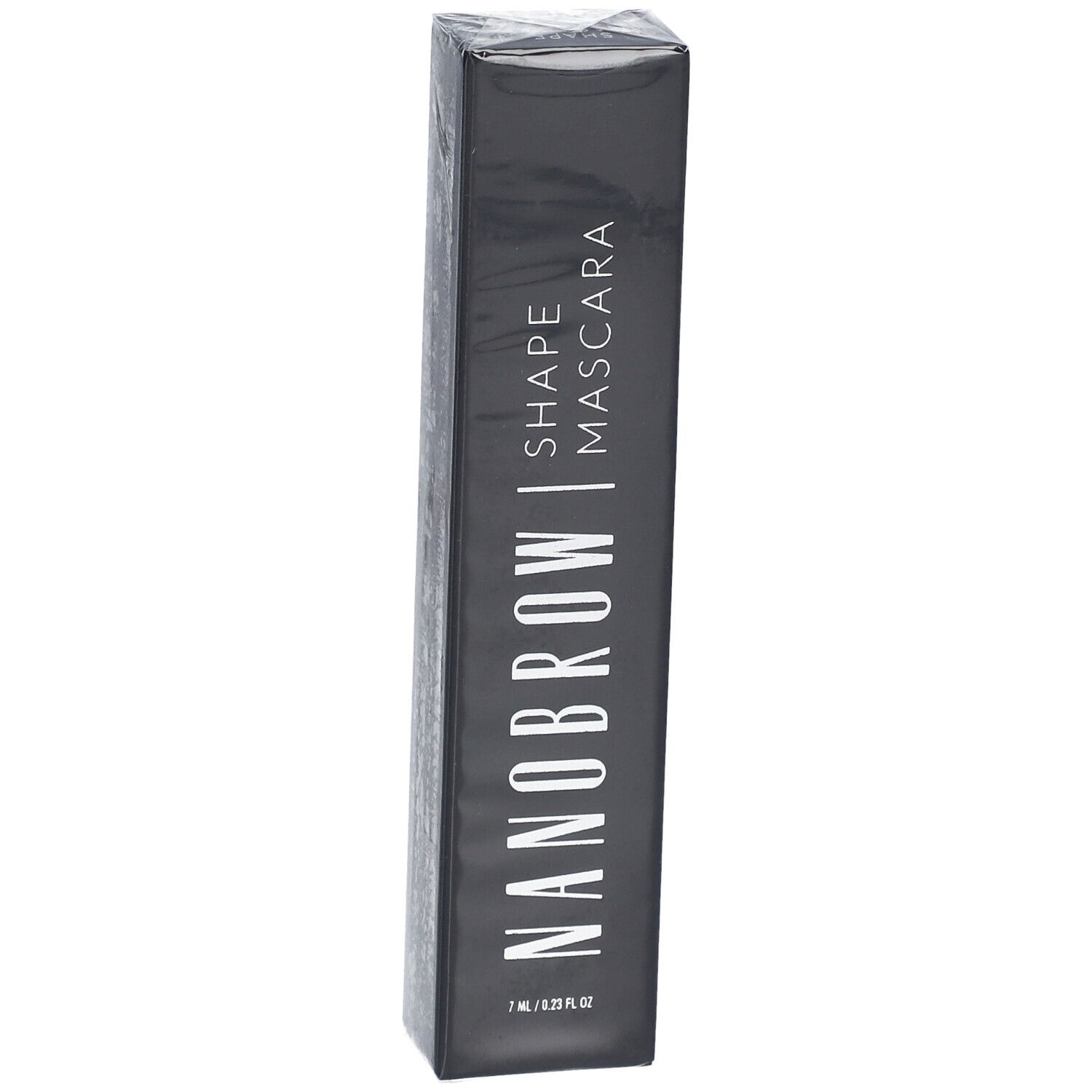 Schwarze Verpackung mit weißer Schrift. NANOBROW | SHAPE MASCARA. 7 ml / 0.23 fl oz. Produktverpackung.