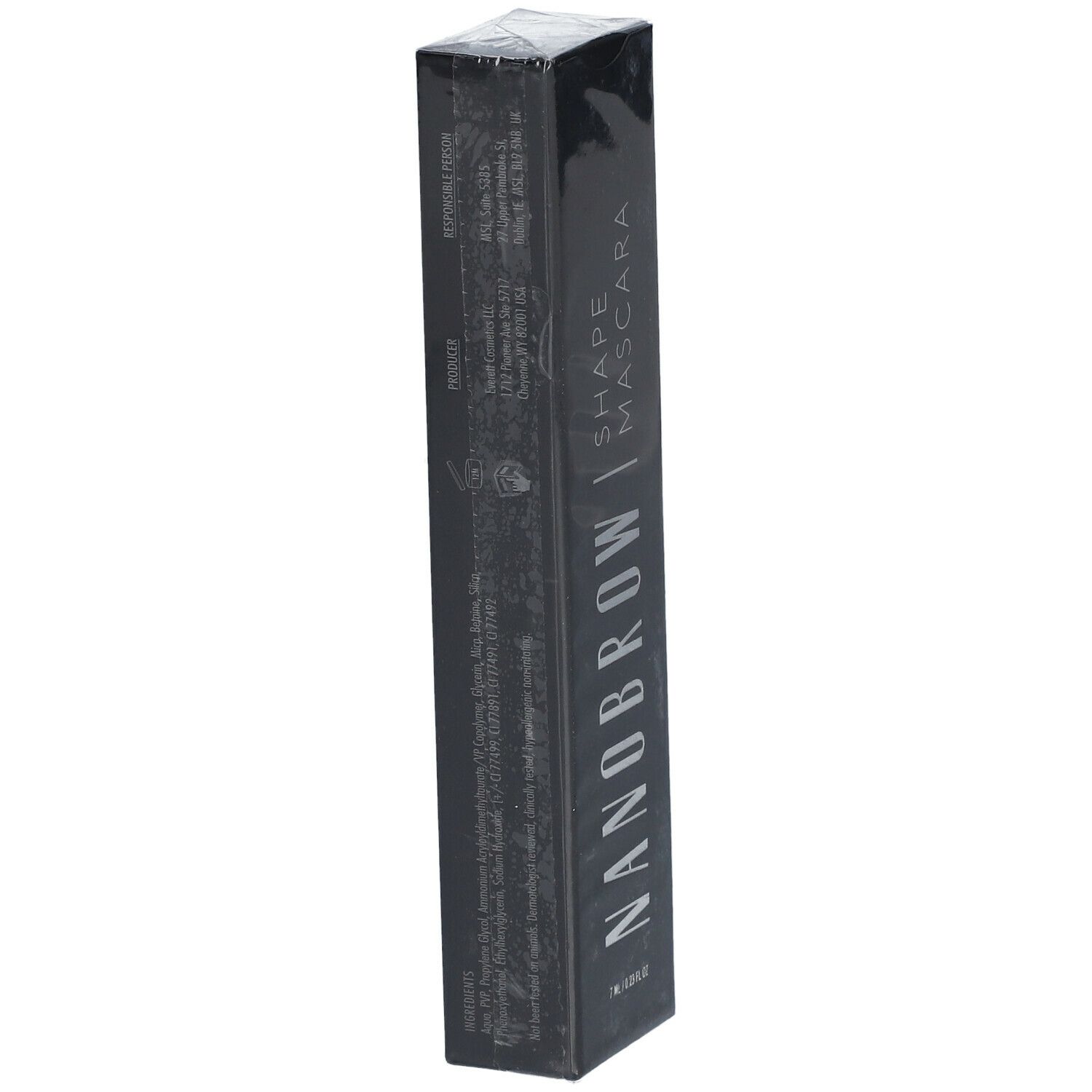 Schwarze Verpackung mit NANOBROW Shape Mascara. Vertikaler Schriftzug. Rückseite mit Text. Unten: 7 ml / 0.23 fl oz.