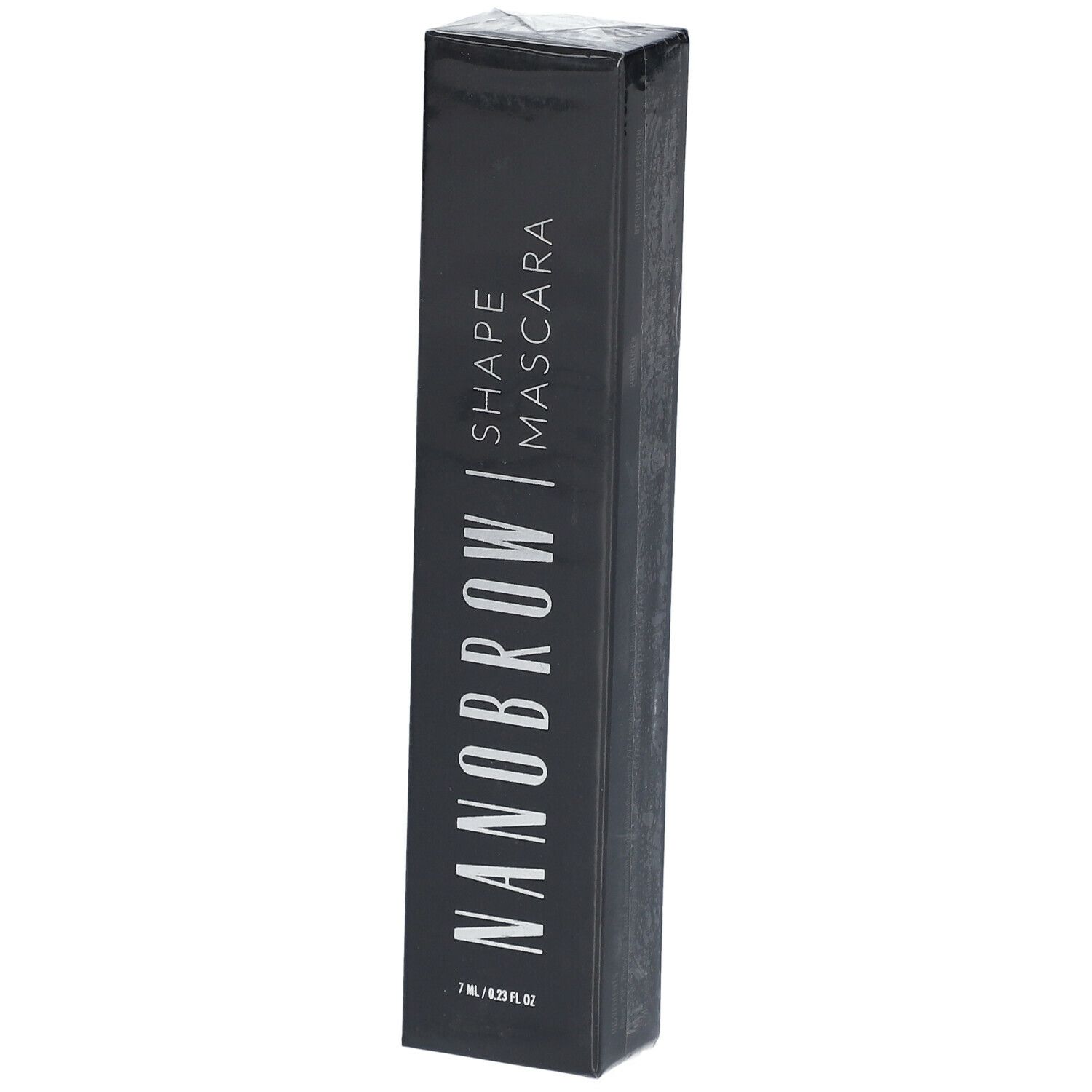 Schwarze Verpackung mit NANOBROW Shape Mascara. Vertikaler Schriftzug. Unten: 7 ml / 0.23 fl oz.