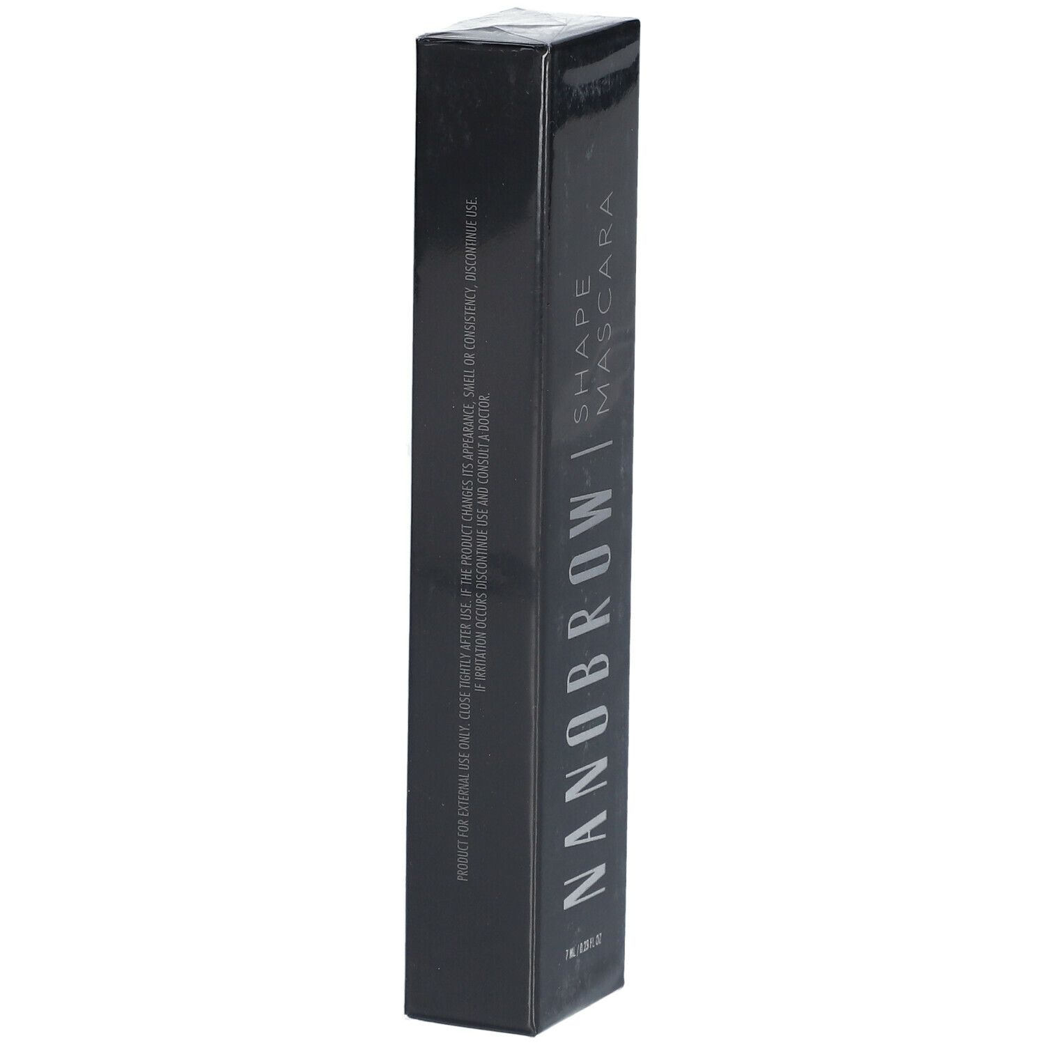 Schwarze Verpackung mit NANOBROW Shape Mascara. Vertikaler Schriftzug. Rückseite mit Text. Unten: 7 ml / 0.23 fl oz.