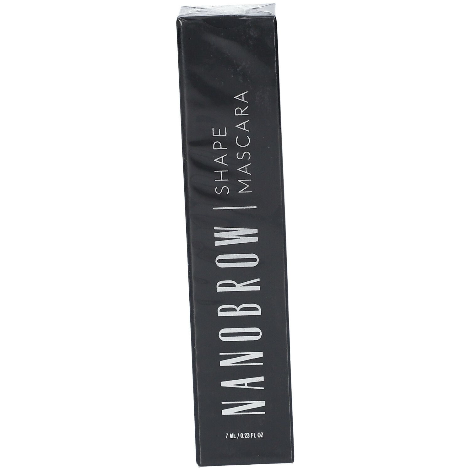 Schwarze Verpackung mit NANOBROW Shape Mascara. Vertikaler Schriftzug. Unten: 7 ml / 0.23 fl oz.