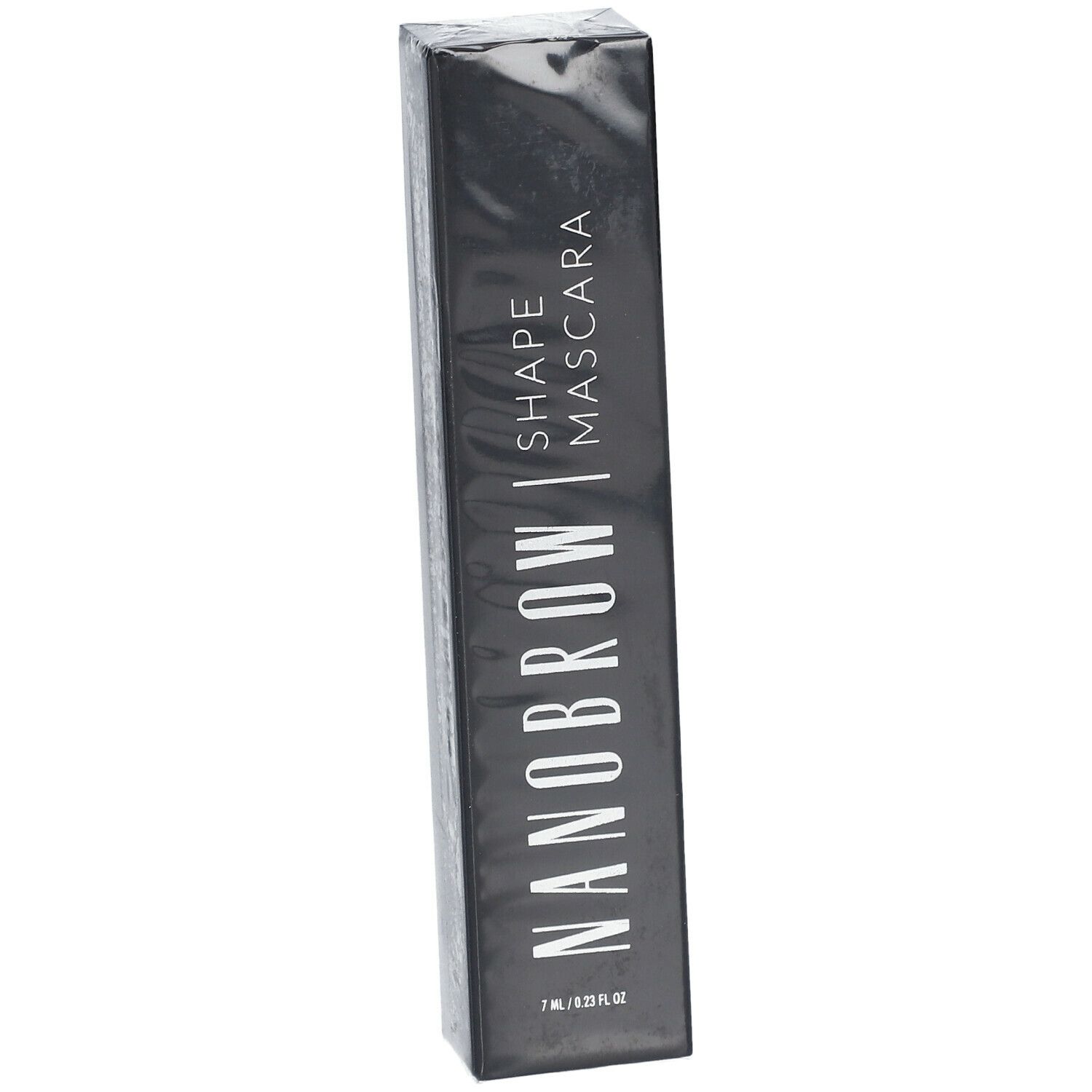 Schwarze Verpackung mit NANOBROW Shape Mascara. Vertikaler Schriftzug. Unten: 7 ml / 0.23 fl oz.