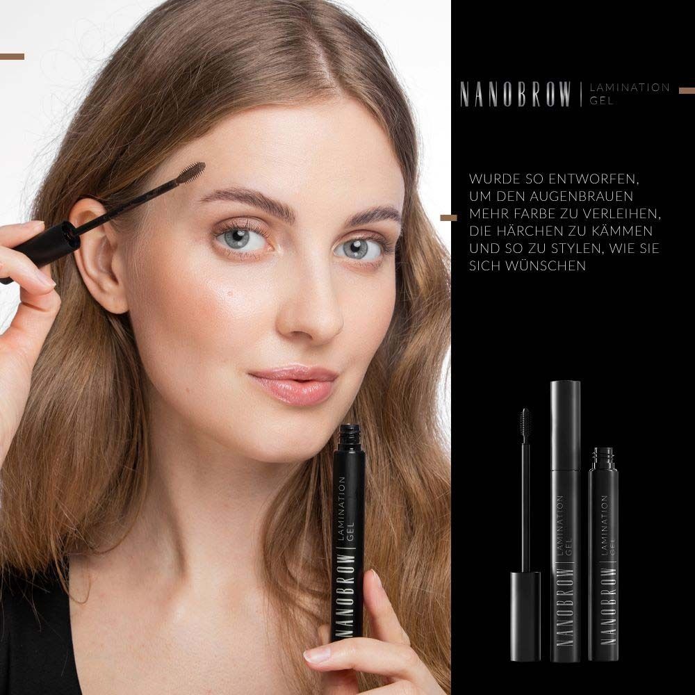 Frau mit NANOBROW Lamination Gel. Produkt und Verpackung sichtbar. Text auf Deutsch.