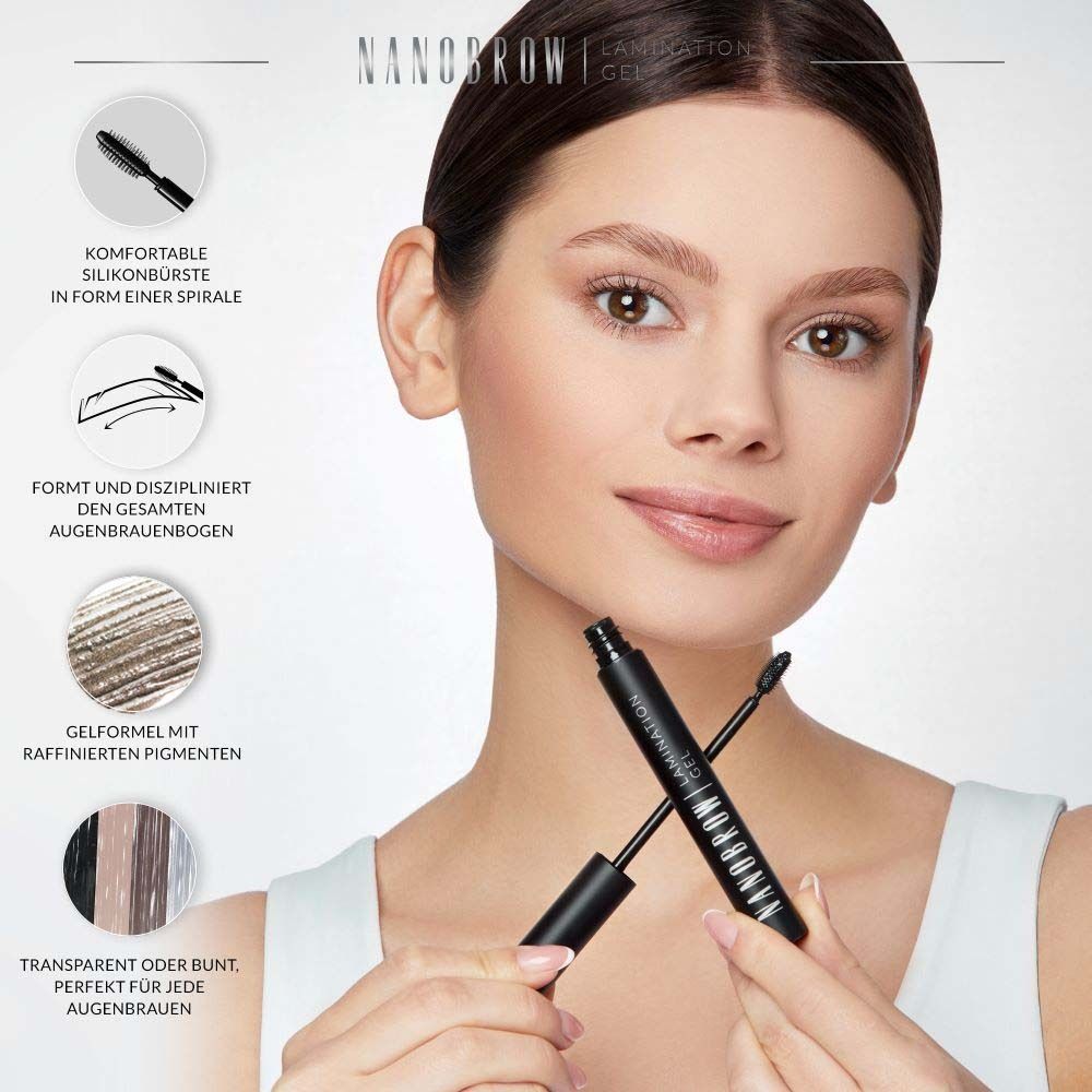 Frau mit NANOBROW Lamination Gel. Produkt und Verpackung sichtbar. Text auf Deutsch.