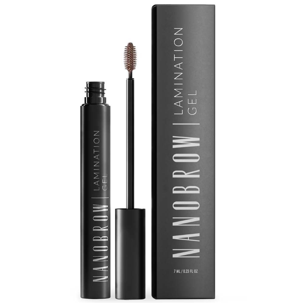 Schwarze Flasche und Verpackung mit der Aufschrift NANOBROW LAMINATION GEL. Enthält einen Applikator.