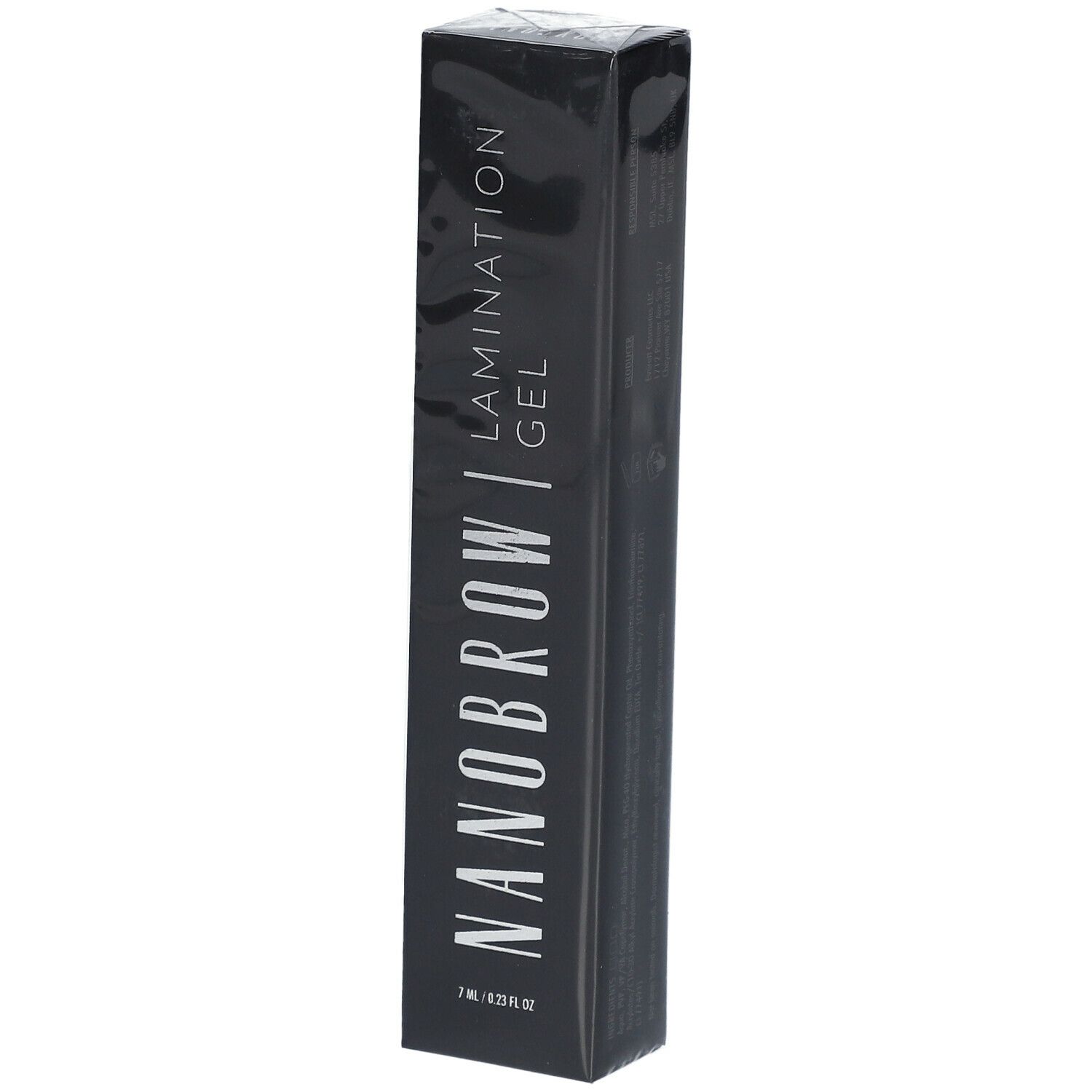 Emballage noir avec texte blanc. NANOBROW Lamination Gel, 7 ml. Vue oblique du haut de l'emballage.