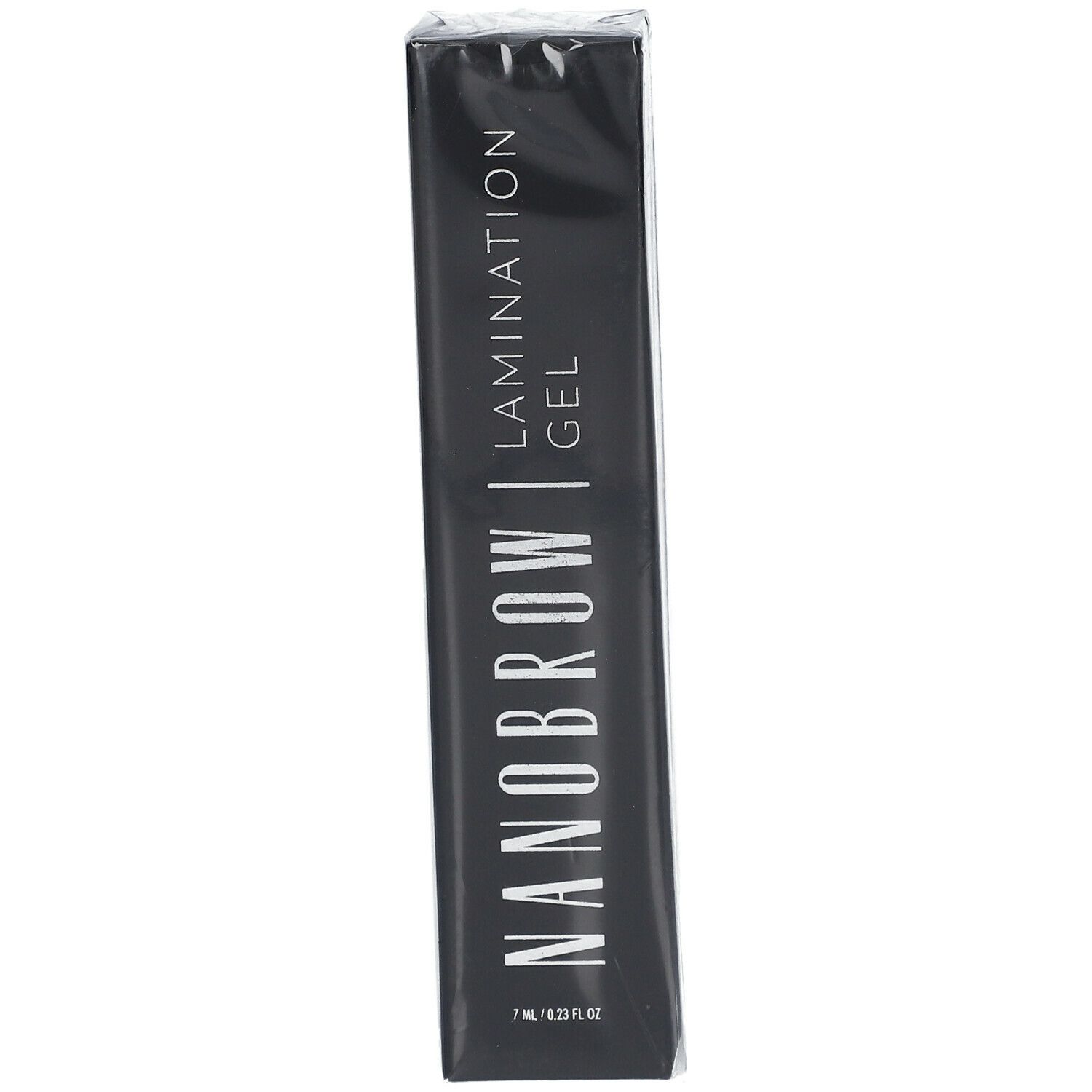 Emballage noir avec texte blanc. NANOBROW Lamination Gel, 7 ml. Vue oblique du haut de l'emballage.