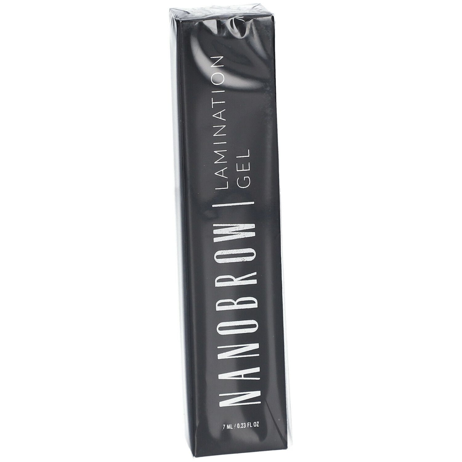 Emballage noir avec texte blanc. NANOBROW Lamination Gel, 7 ml. Vue oblique du haut de l'emballage.