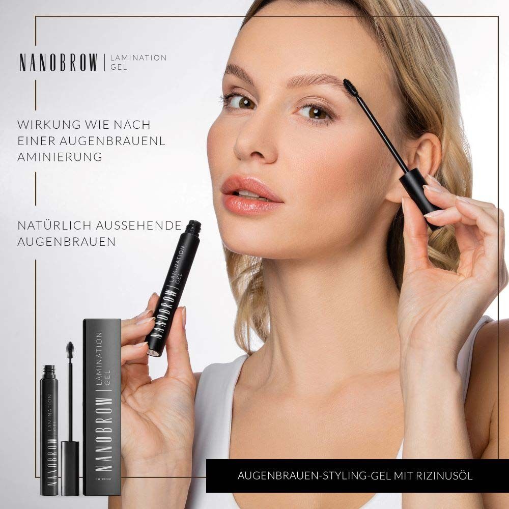 Frau mit NANOBROW LAMINATION GEL. Flasche, Verpackung und Applikator sind sichtbar. Text: Augenbrauen-Styling-Gel.