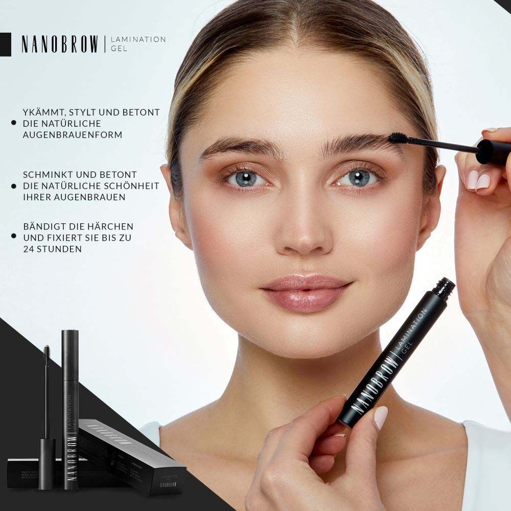 Frau mit NANOBROW LAMINATION GEL. Flasche, Verpackung und Applikator sind sichtbar. Text auf Deutsch.