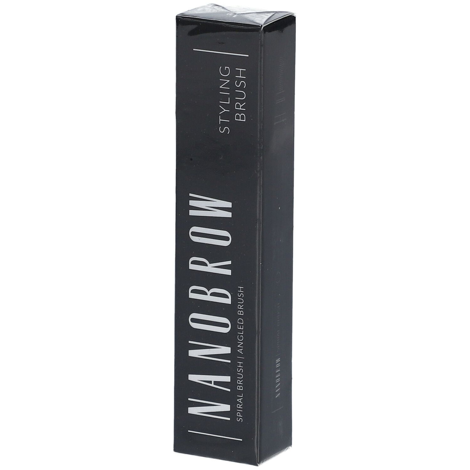 Emballage noir avec texte blanc NANOBROW, STYLING BRUSH. Brosse spirale/brosse angulaire. Emballage produit.