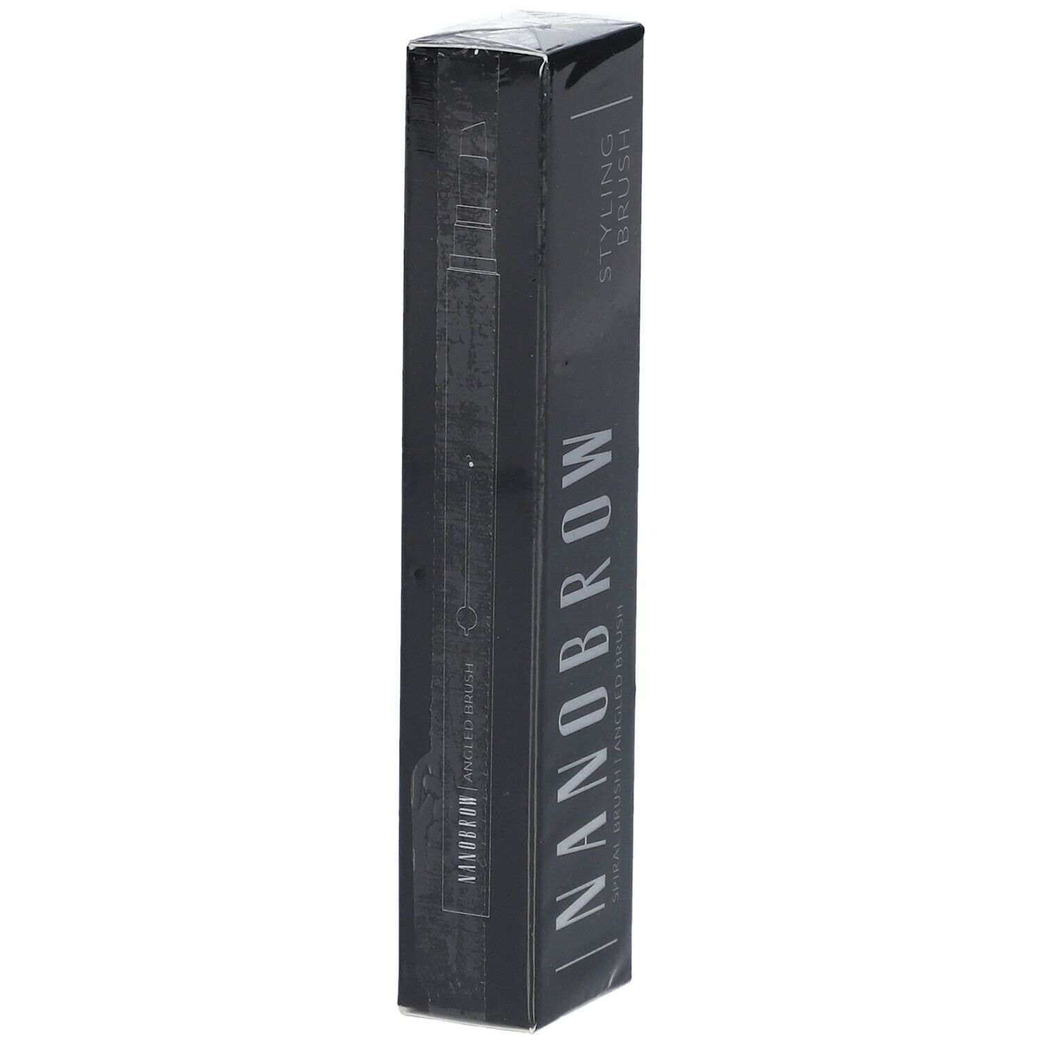 Emballage noir avec texte blanc NANOBROW. Illustration de la brosse. Emballage produit.