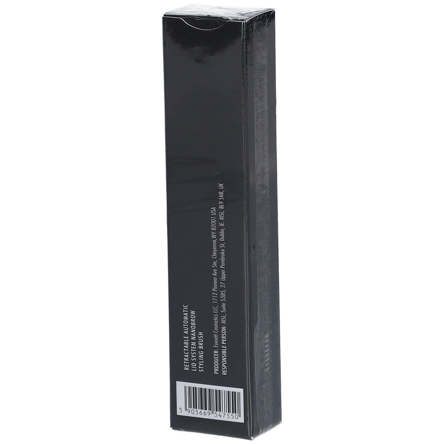 Emballage noir avec texte. Informations fabricant et code-barres. Emballage produit.