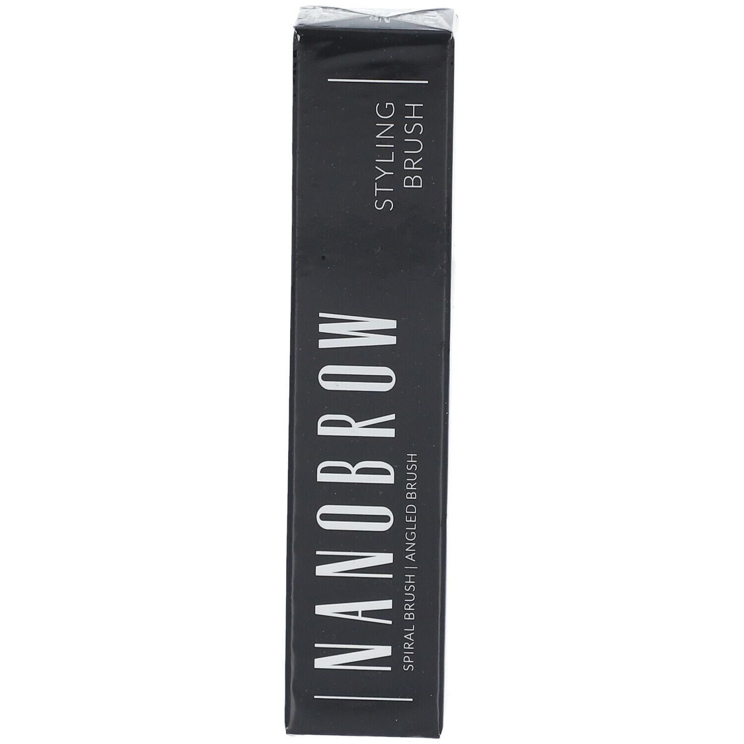 Emballage noir avec texte blanc NANOBROW, STYLING BRUSH. Brosse spirale/brosse angulaire. Emballage produit.