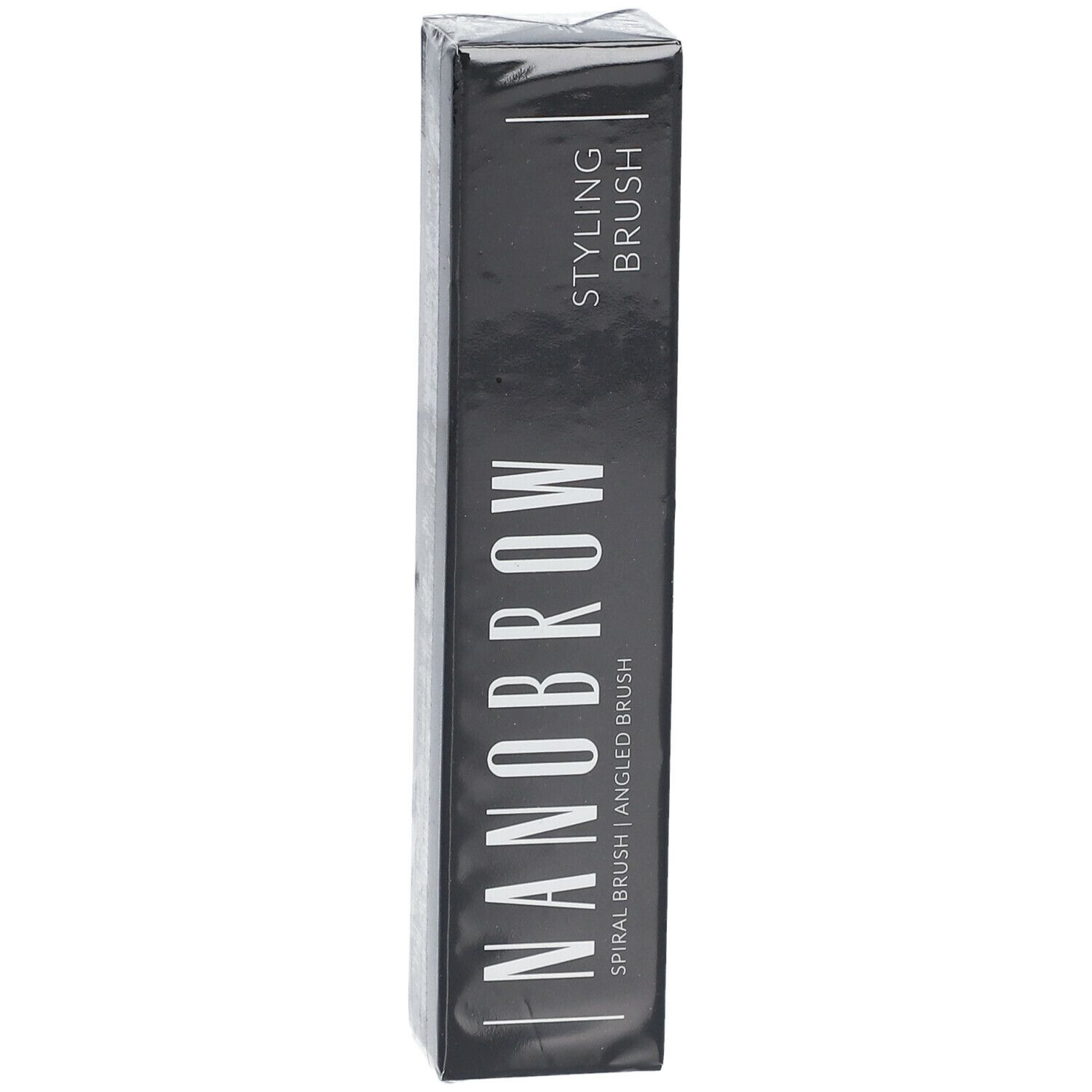 Emballage noir avec texte blanc NANOBROW, STYLING BRUSH. Brosse spirale/brosse angulaire. Emballage produit.