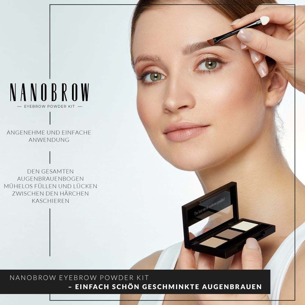 Frau schminkt Augenbrauen mit NANOBROW Eyebrow Powder Kit. Schwarze Verpackung mit drei Farbtönen. Text: Einfach schön geschminkte Augenbrauen.