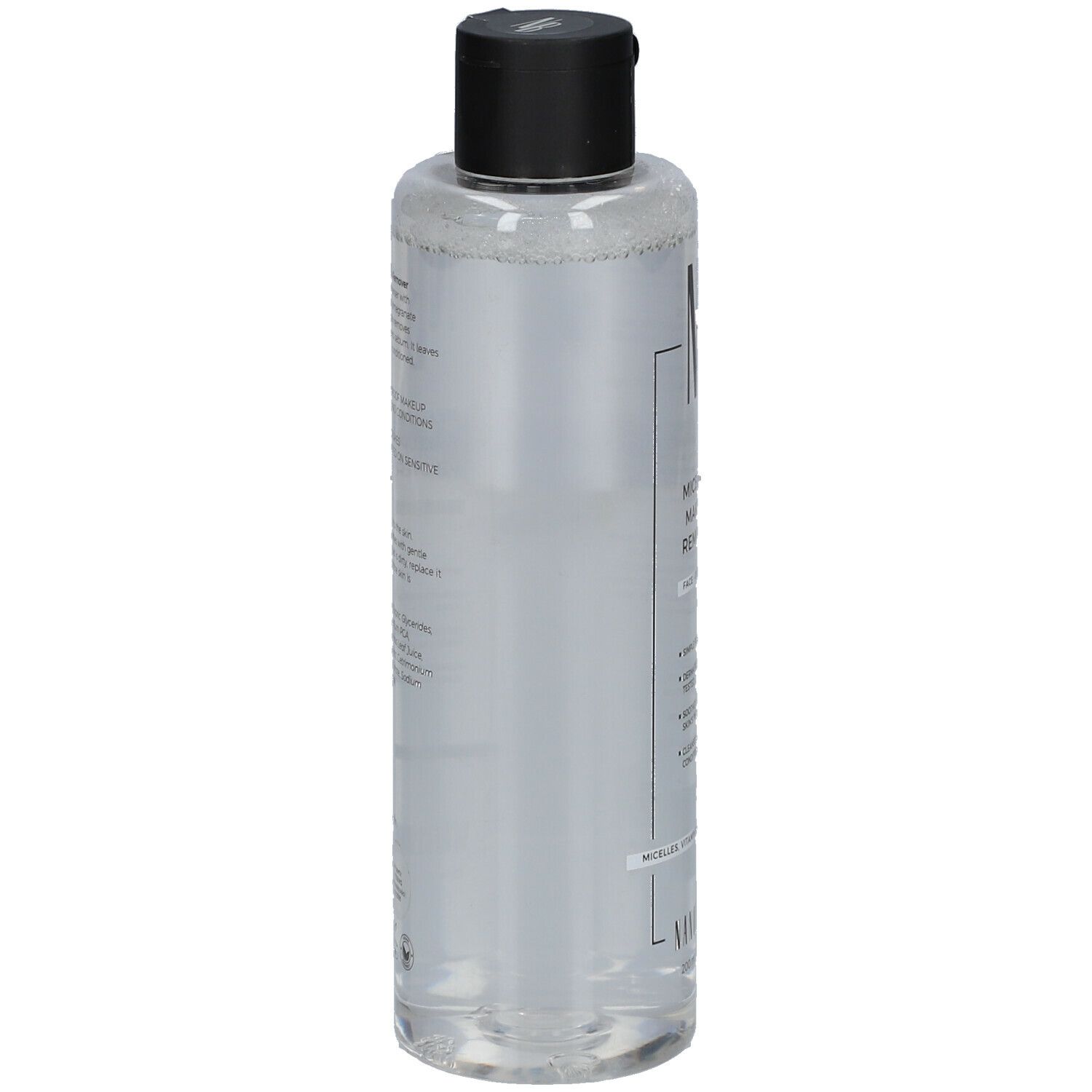 Flasche mit klarer Flüssigkeit und schwarzem Deckel. Aufschrift nicht lesbar. Seitenansicht.